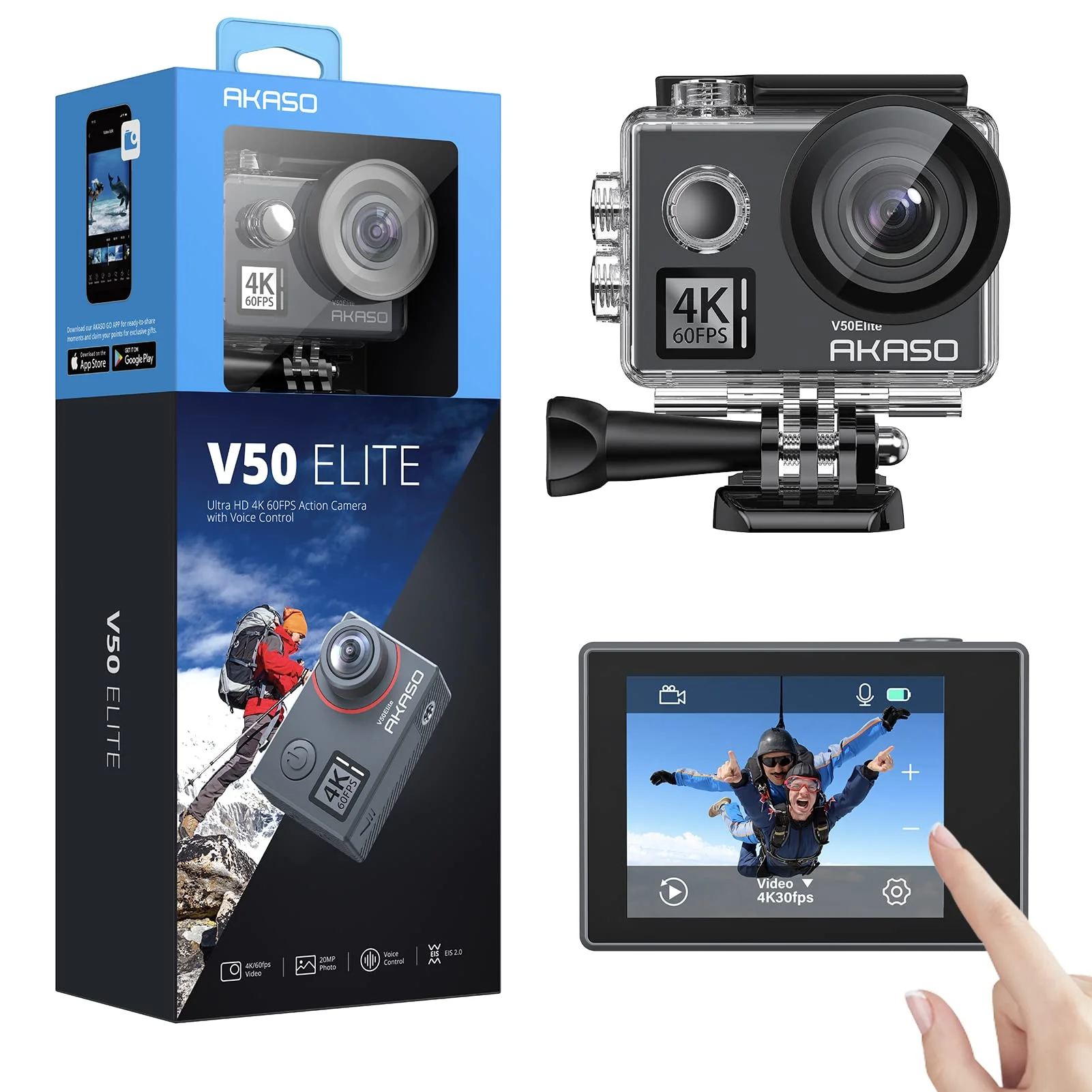 AKASO V50 Elite Action Camera 4K60fps Touch Screen WiFi Voice Control EIS Web Camera 131 feet Waterproof Camera Adjustable View Angle 8X Zoom Remote Control Sports Camera
