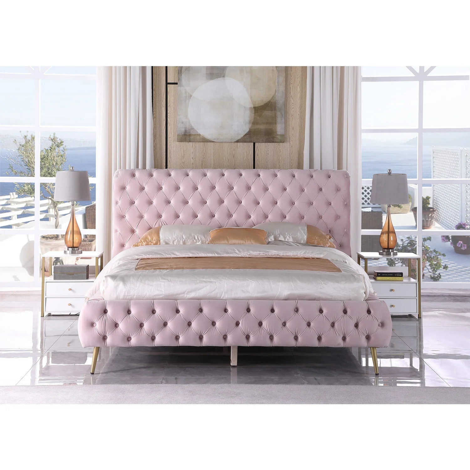 Demeter Velvet Platform Queen Bed in Pink