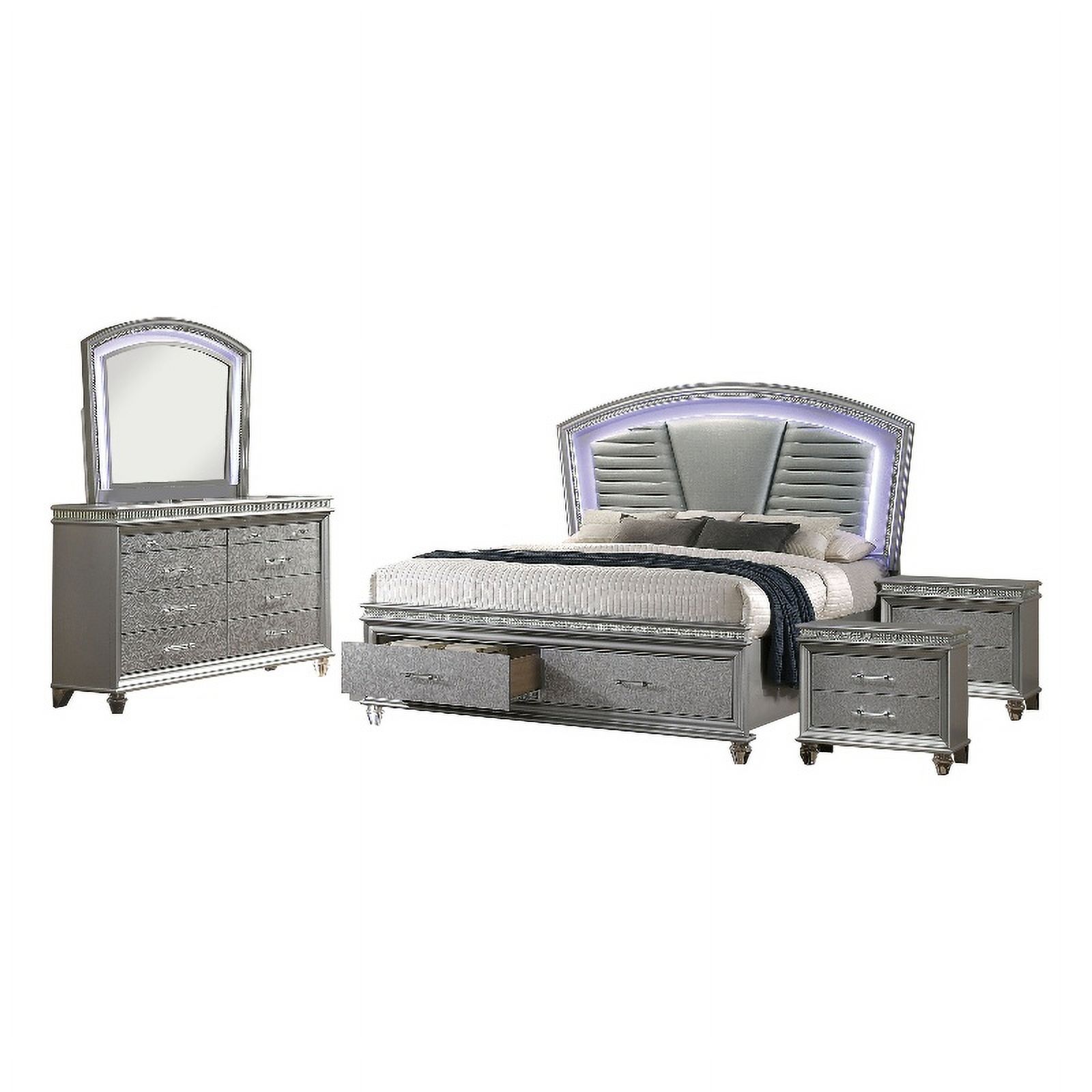 FOA Plumley 5pc Silver Wood Bedroom Set - Queen+2 Nightstands+Dresser+Mirror