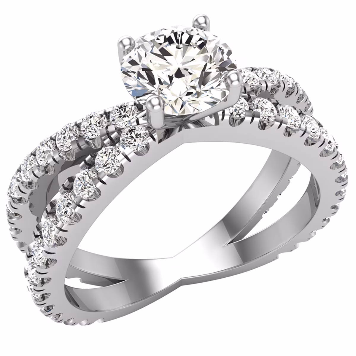 X Cross Split Shank Round Brilliant Diamond Engagement Ring 1.75 CT TW 14K White Gold (H-I,SI1)