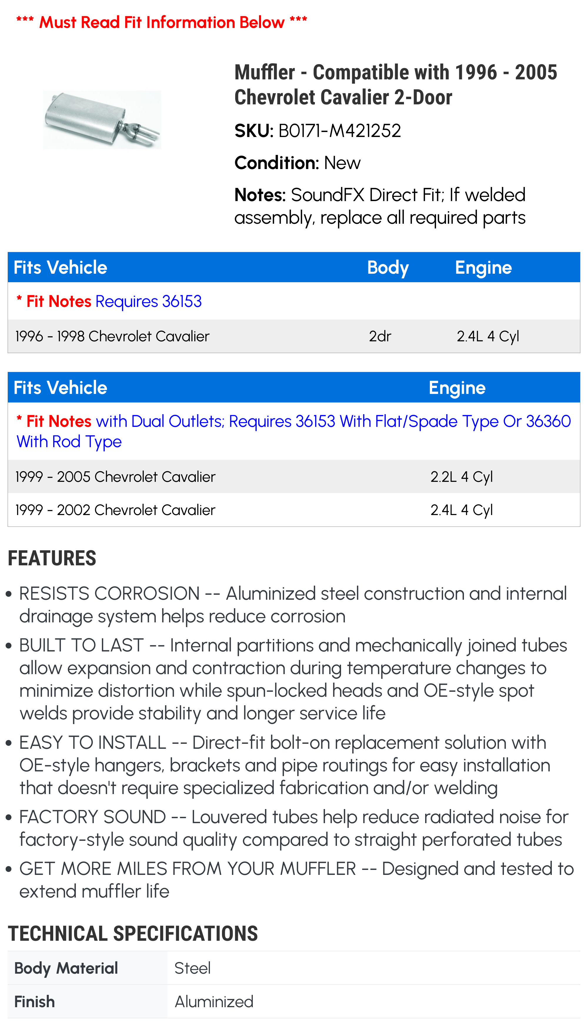 Muffler - Compatible with 1996 - 2005 Chevy Cavalier 2-Door 1997 1998 1999 2000 2001 2002 2003 2004