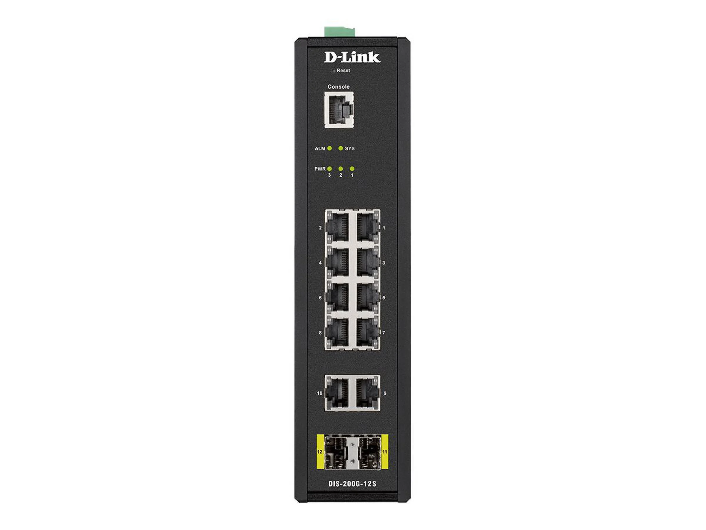 D-Link DIS 200G-12S - Switch - managed - 10 x 10/100/1000 + 2 x SFP - DIN rail mountable, wall-mountable - AC 120/230 V / DC 46 - 54 V