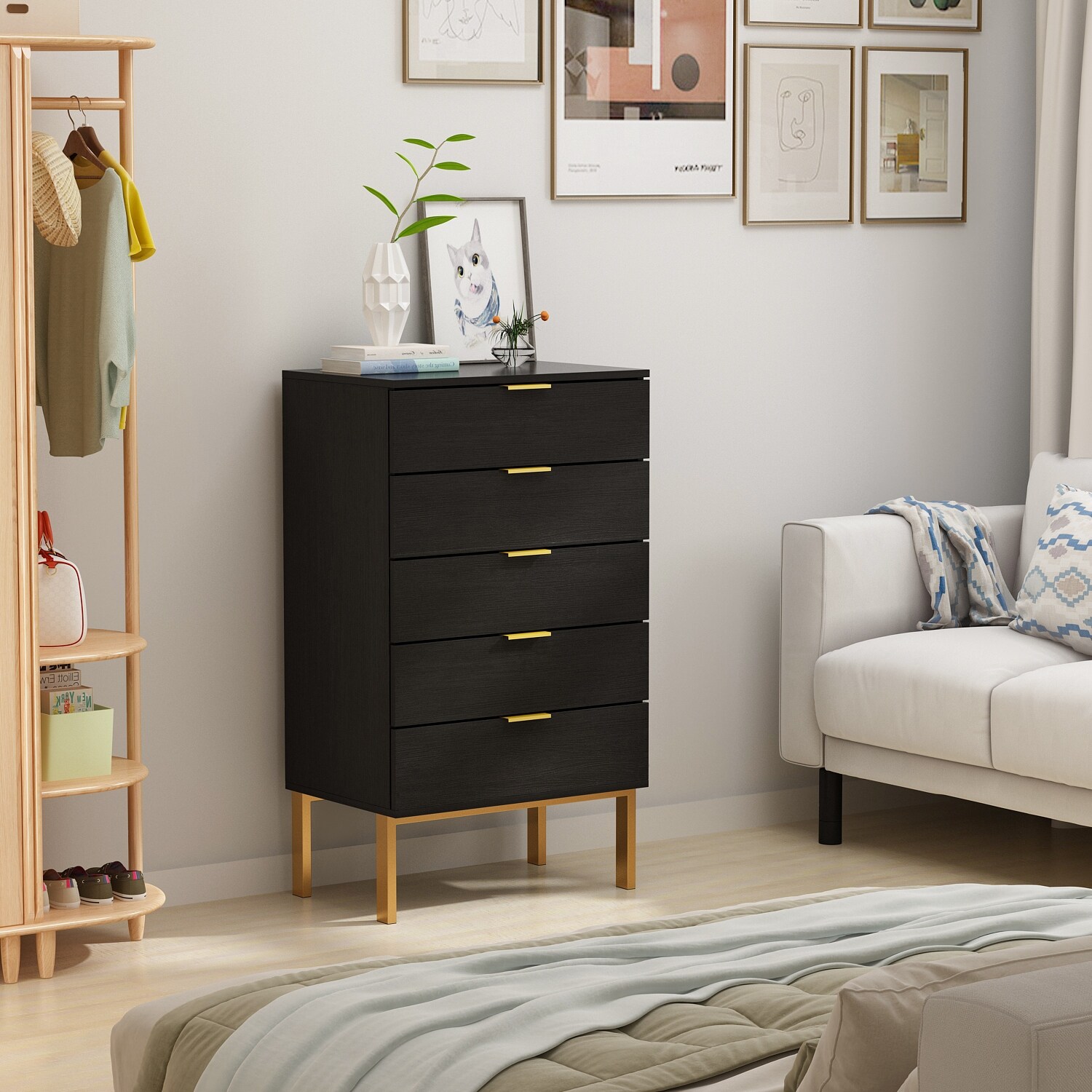 5 Drawer Dresser Chest of Drawers with Metal Leg Wood Dresser Storage Black