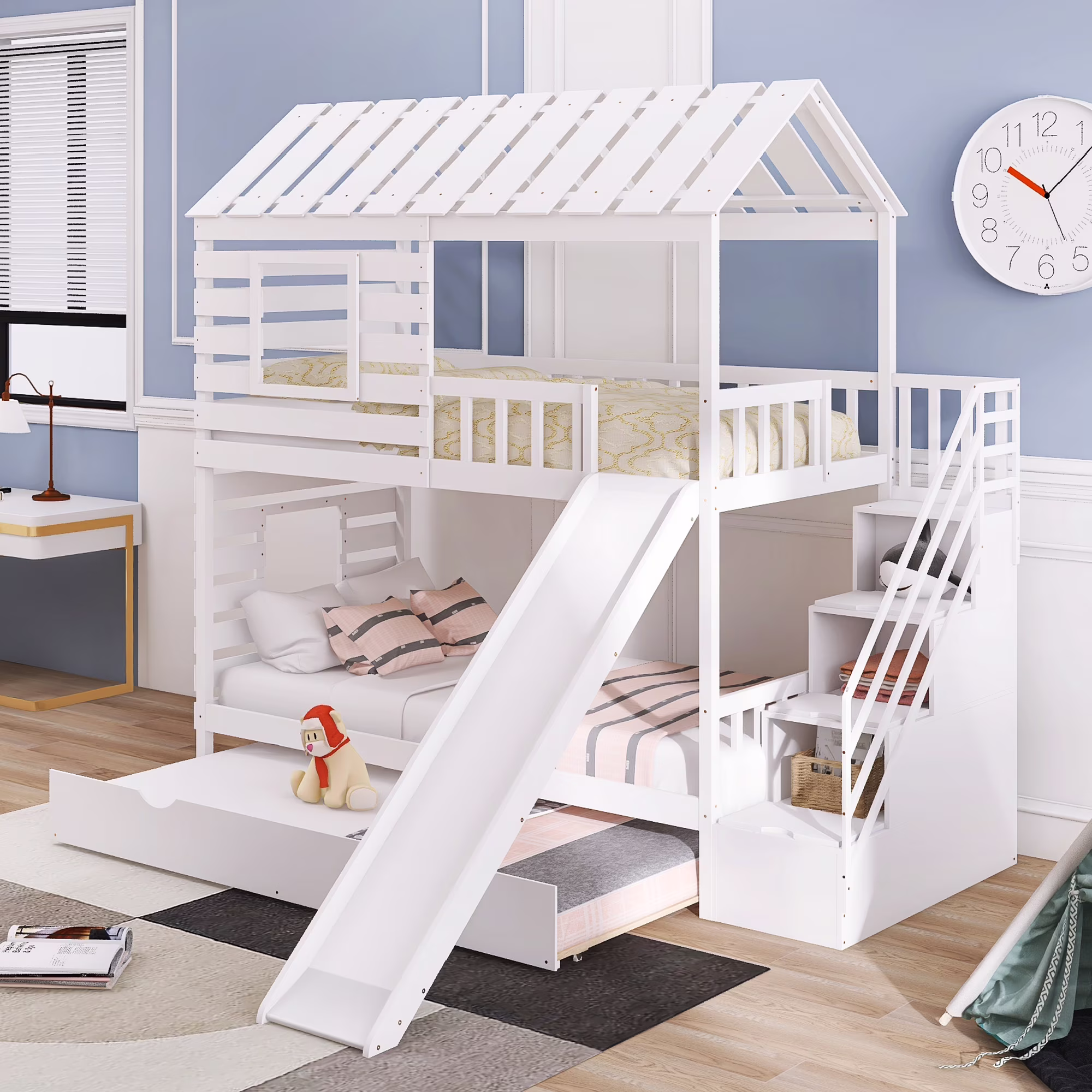 LANTRO JS Twin over Twin House Bunk Bed with Trundle and Slide, Storage Staircase,Roof and Window Design, White