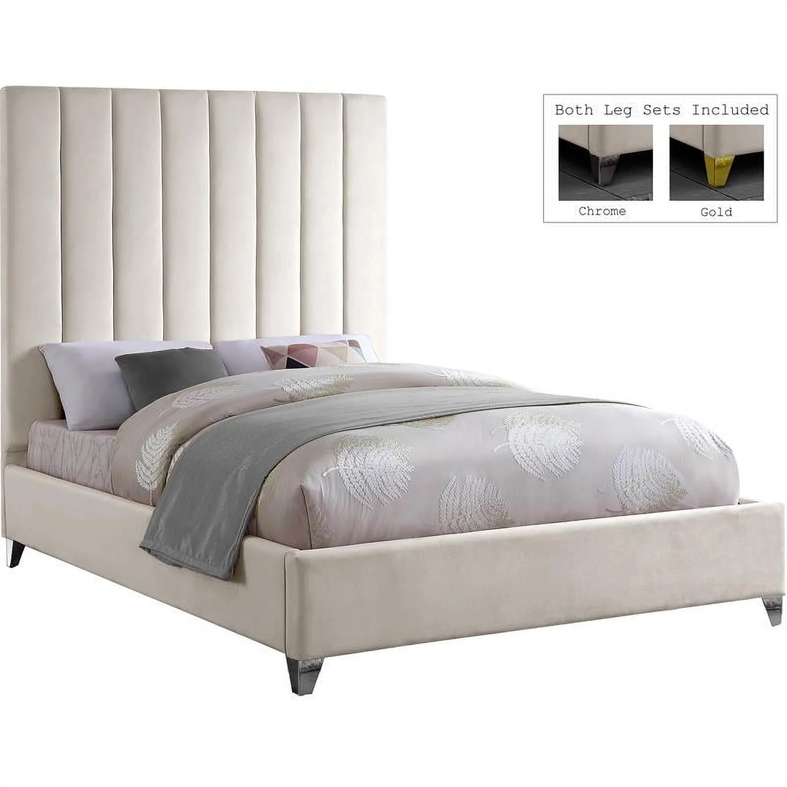 Meridian Furniture Via Rich Velvet Queen Bed in Cream