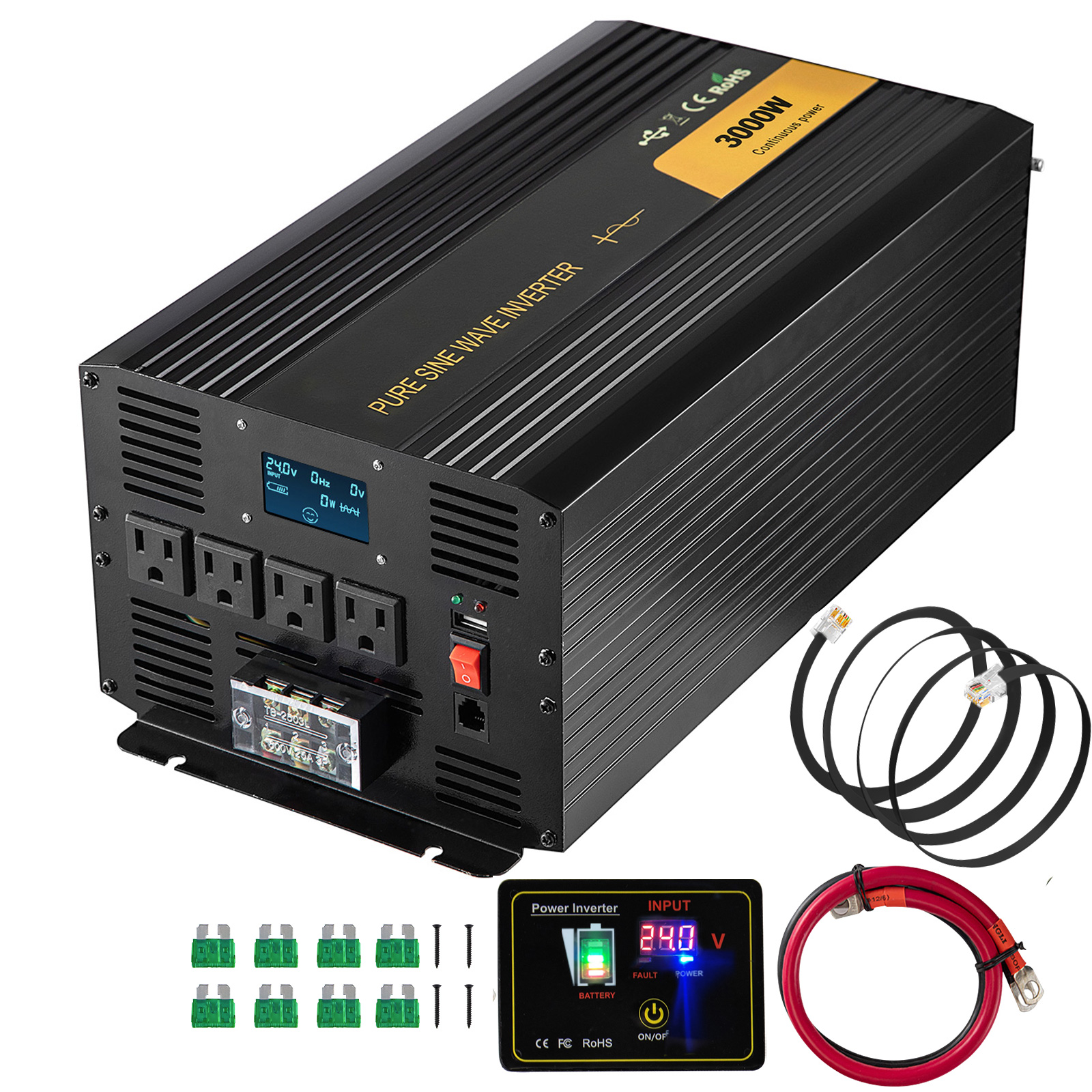 SKYSHALO DC 24V to AC 120V Car Inverter with USB Port LCD Display Remote Controller and AC Outlets (GFCI), for RV Truck Car Solar System Travel Camping Pure Sine Wave Inverter 3000 Watt Power Inverter