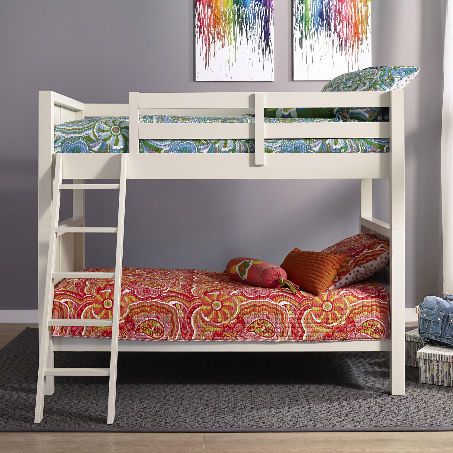 Homestock Coastal CraftsmanOff White Wood Twin Over Twin Bunk Bed