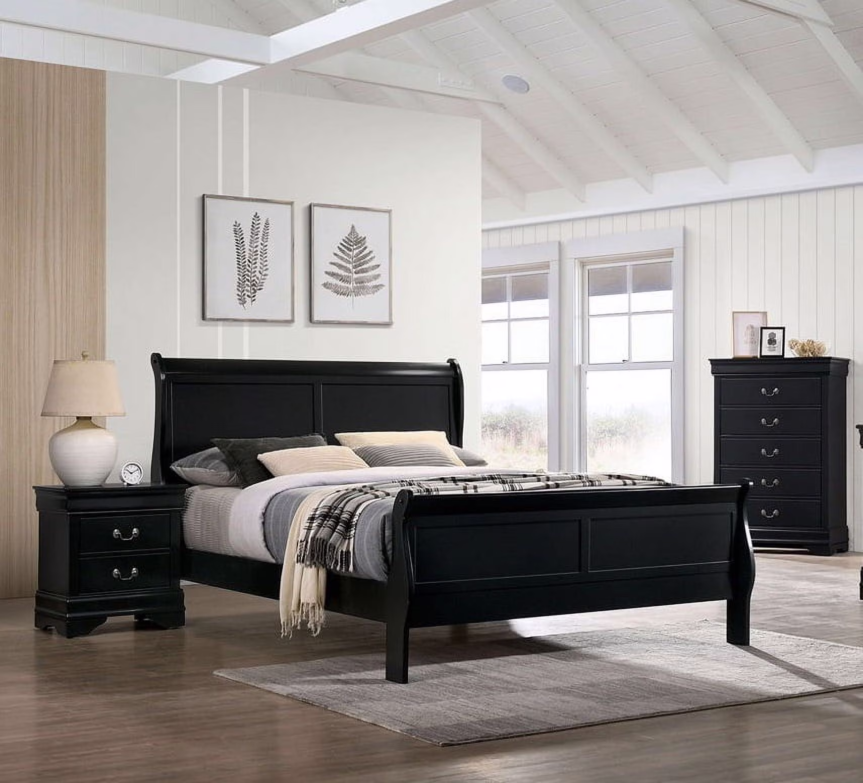 CoSoTower Twin Size Bed Black Louis Phillipe Solidwood 1Pc Bed Bedroom Sleigh Bed