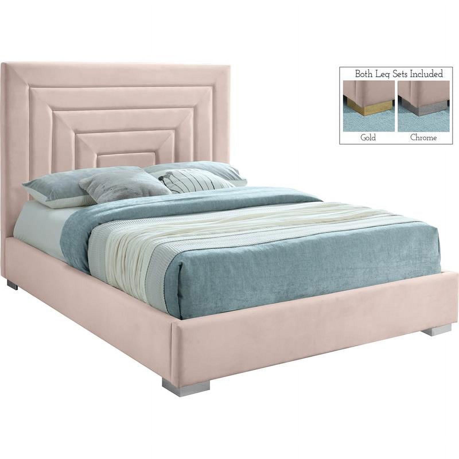 Meridian Furniture Nora Pink Velvet Queen Bed with Gold/Chrome Legs Included