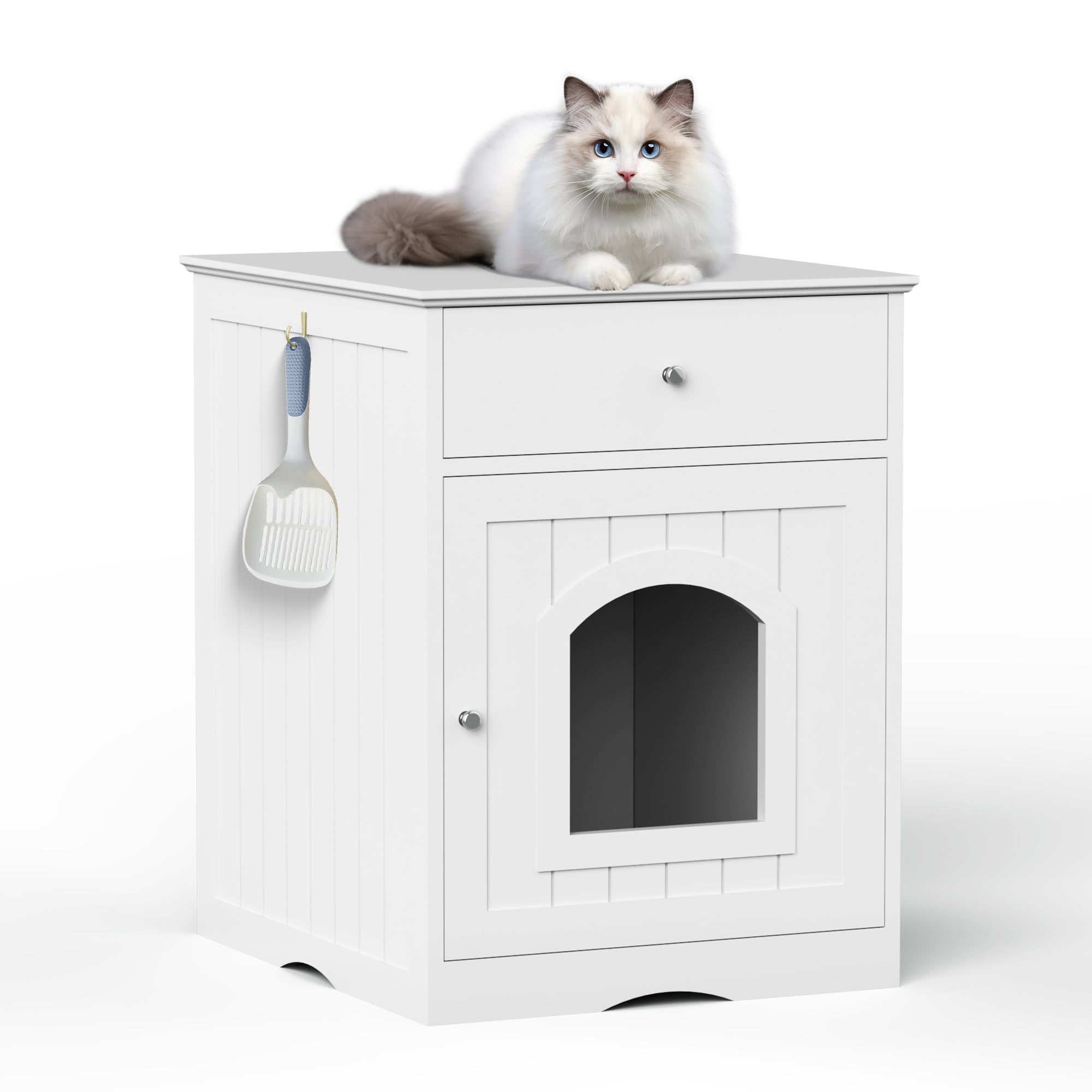 Wooden Cat House, Multi-Functional Pet Crate, Litter Box Enclosure, Side Table, and Nightstand, Easy Assembly, Ideal for Cats,White