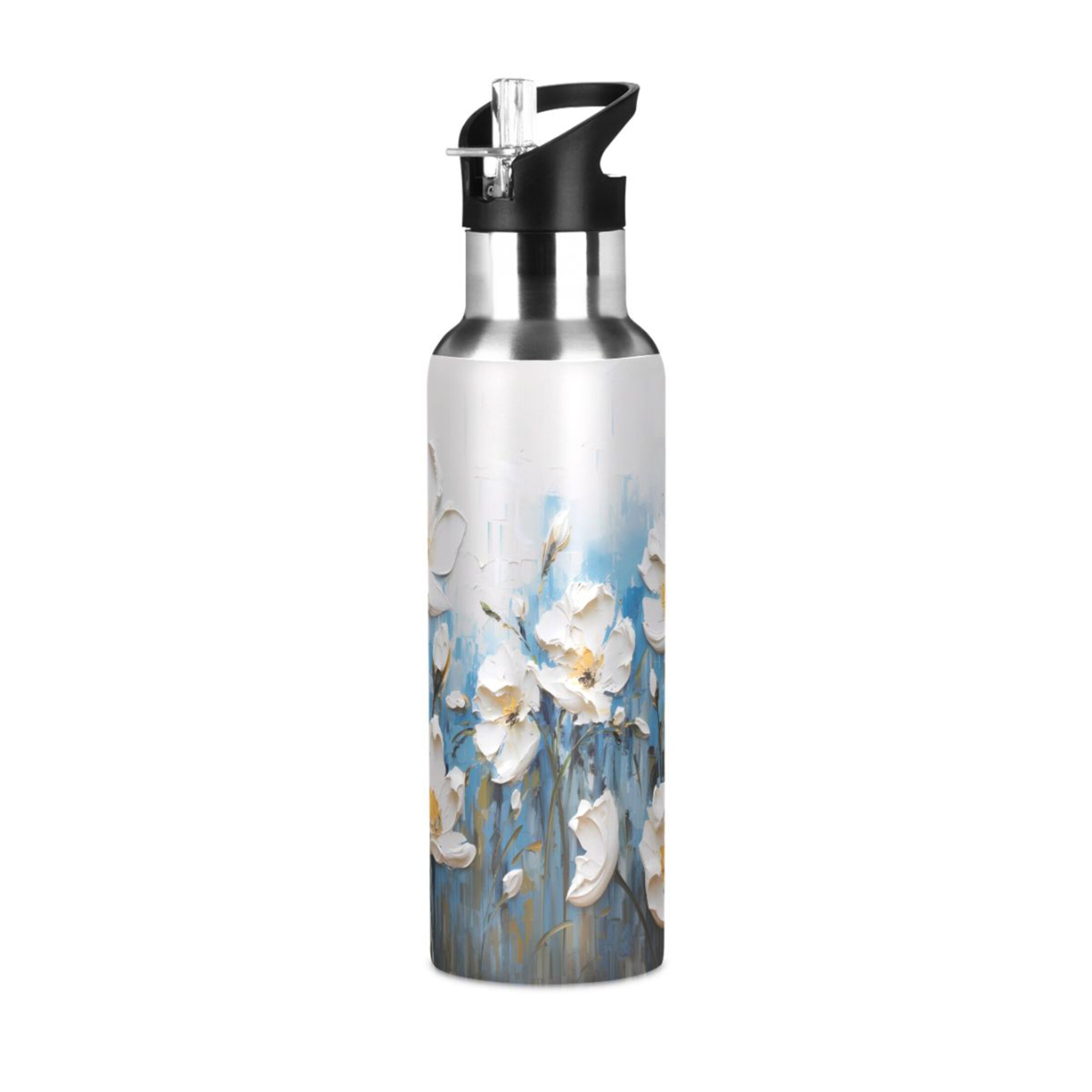 Water Bottle with Straw Lid Leak White Daisy Flowers Stainless Steel Insulated Thermos Vacuum Flask for Cold Hot Drinking for Sports Camping Gym Yoga