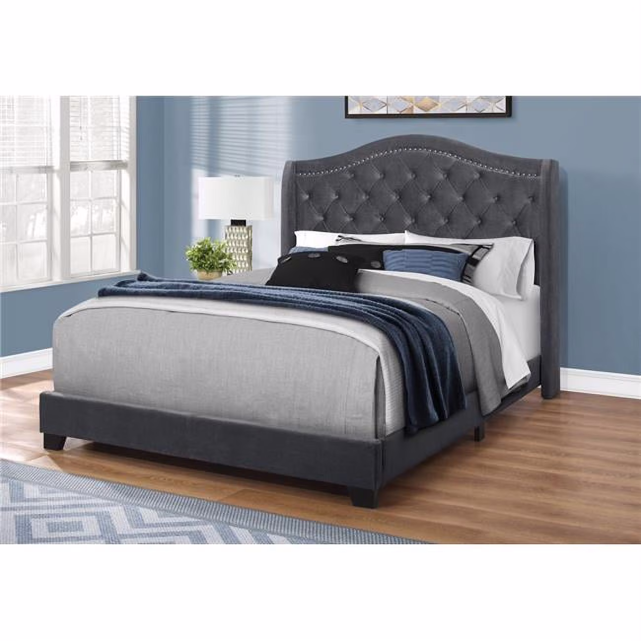 56.5 in. Dark Grey Foam, MDF, Solid Wood, Velvet Queen Size Bed with a Chrome Trim