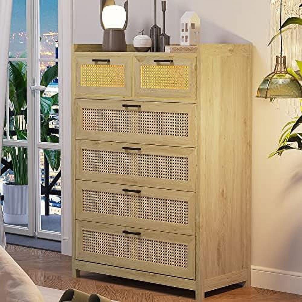 xrboomlife 7 Drawer Dresser for Bedroom  Rattan Chest of Drawers with LED Lights  Wood  Dresser Chest with Metal Handle  Modern Dresser for Closet Bedroom Living Room Hallway