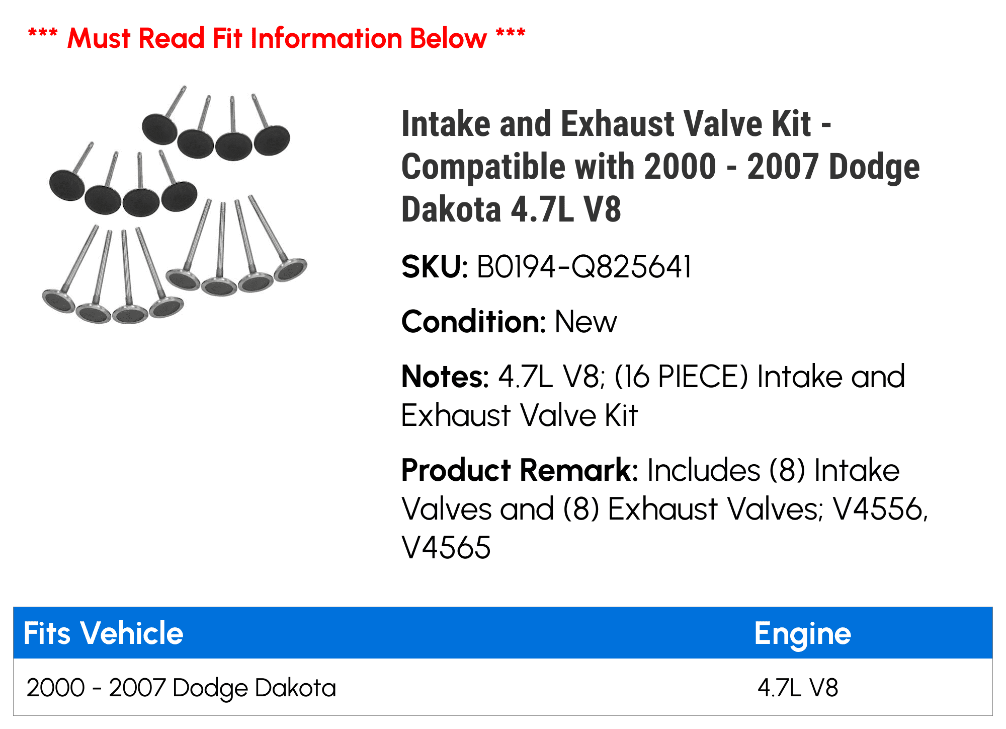 Intake and Exhaust Valve Kit - Compatible with 2000 - 2007 Dodge Dakota 4.7L V8 2001 2002 2003 2004 2005 2006