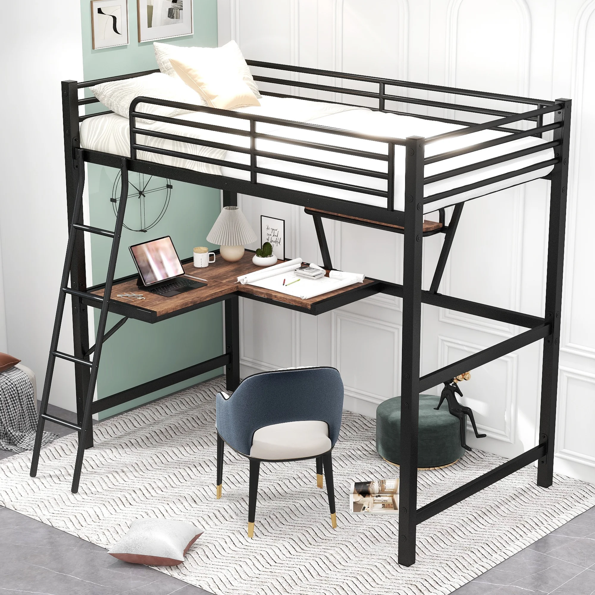 Hombay Twin Metal Loft Bed with Writing Desk and Storage Shelf, Bed Frame with Safety Guardrails Ladders, for Kids Child Gift