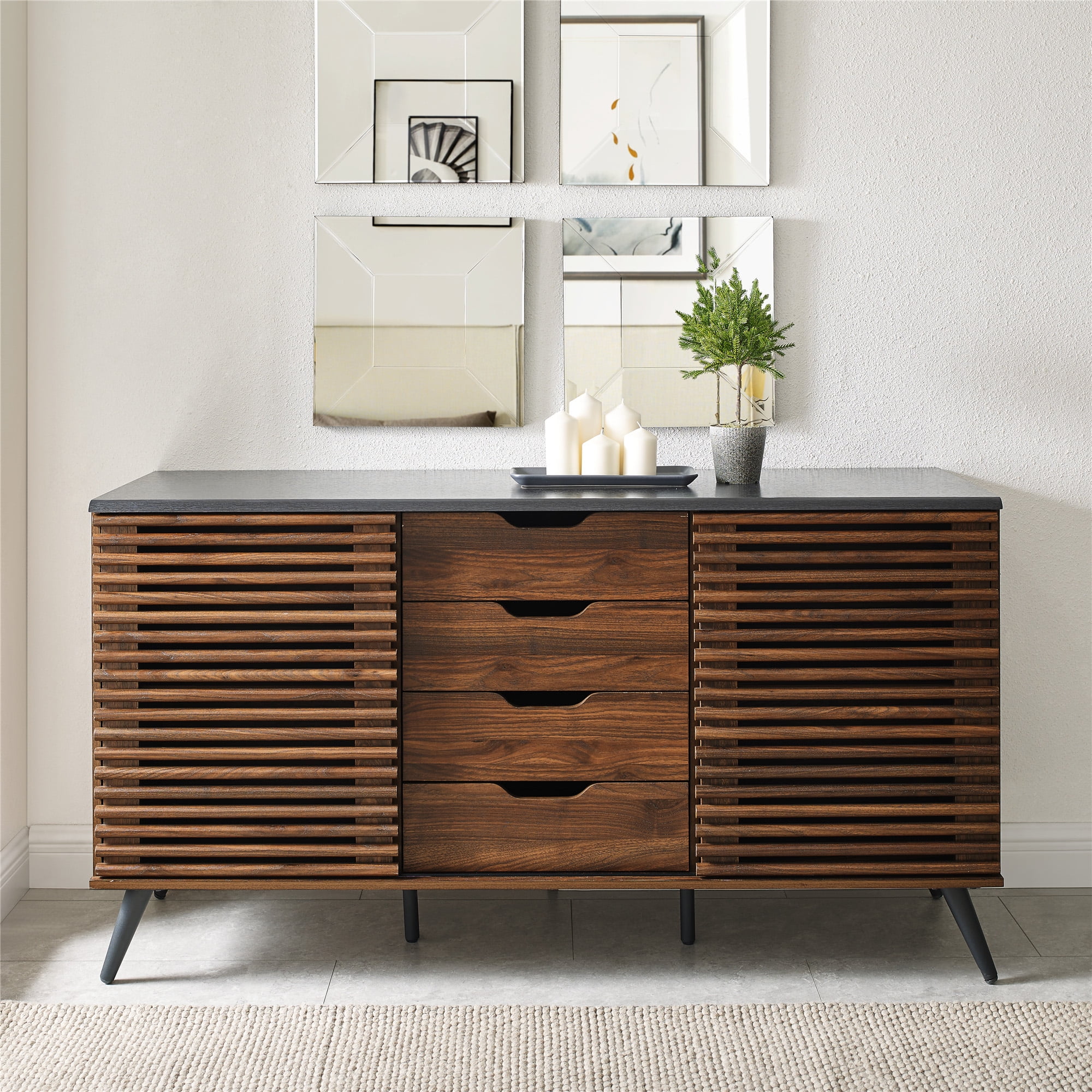 Walker Edison Modern Sliding Slat Door Sideboard, Ebony and Dark Walnut