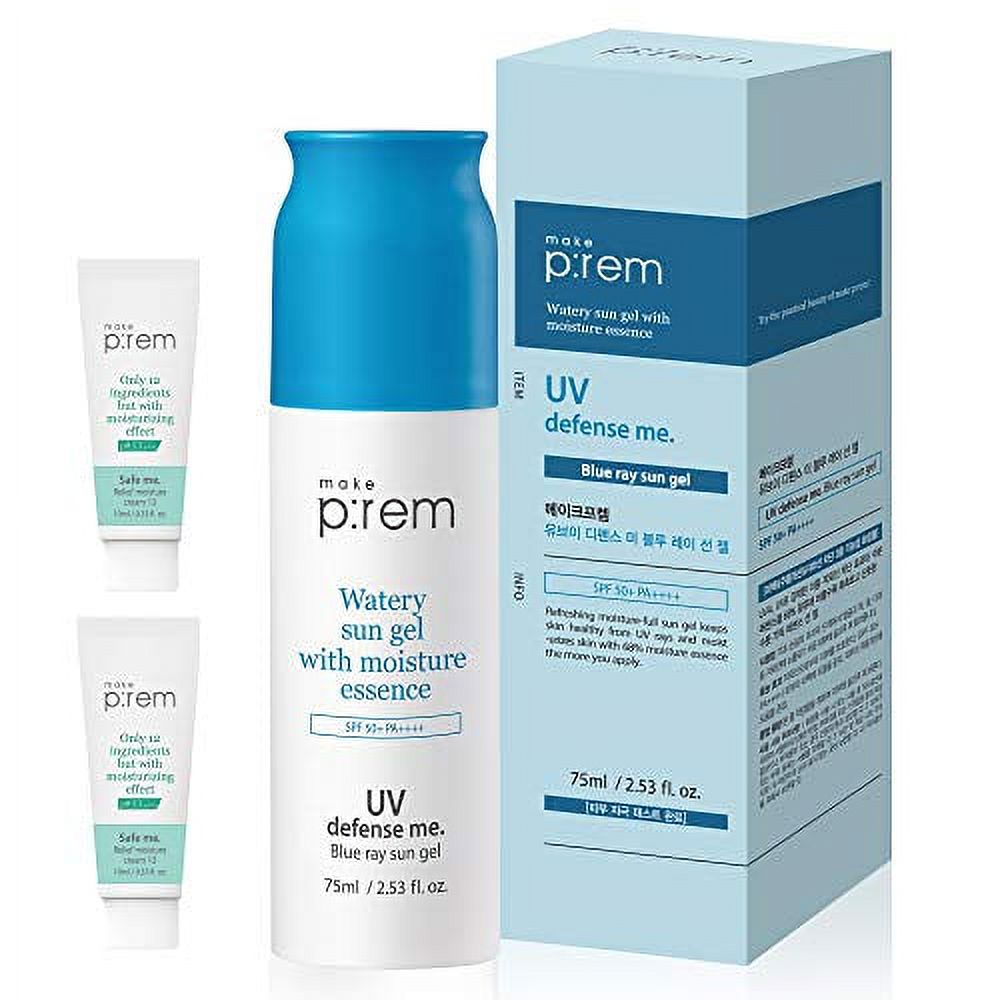 MAKEP:REM UV Defense Me Blue Ray Sun Gel SPF 50+ PA++++ Reef-safe, Non-nano Sunscreen for Body Face, Sunblock UV Protection for Women Men Kids with Sensitive Acne Aging Skin 2.53 Fl Oz MAKEPREM