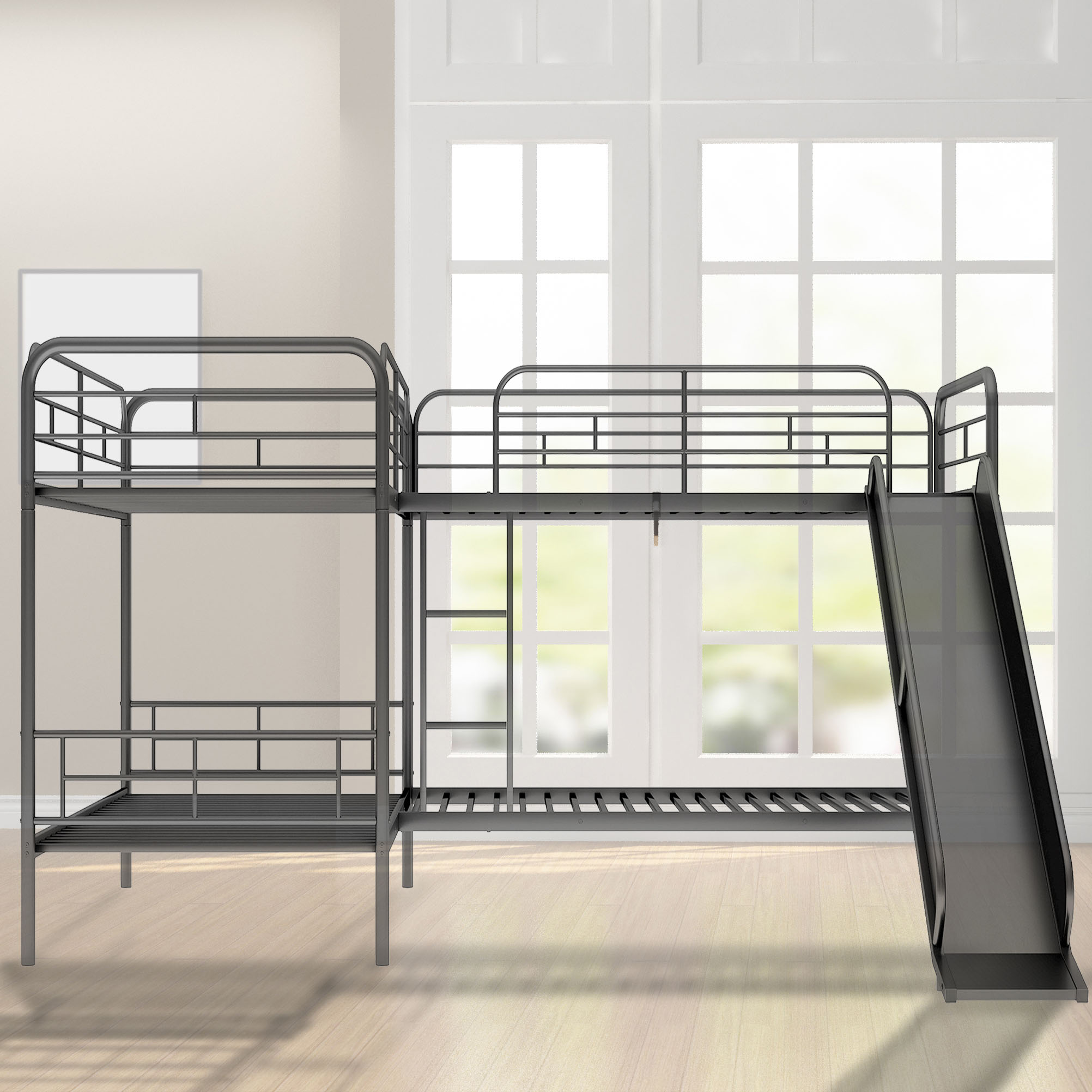 Twin Size L-Shaped Bunk Bed with Slide and Ladder, Black