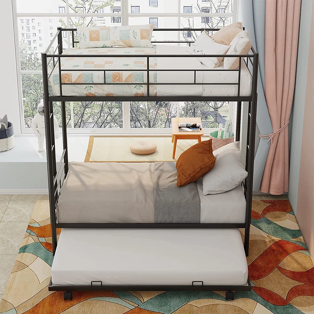 Bunk Bed, Twin Over Twin Bed Frame with Trundle & 2 Ladders for Kids' Rooms (Black)