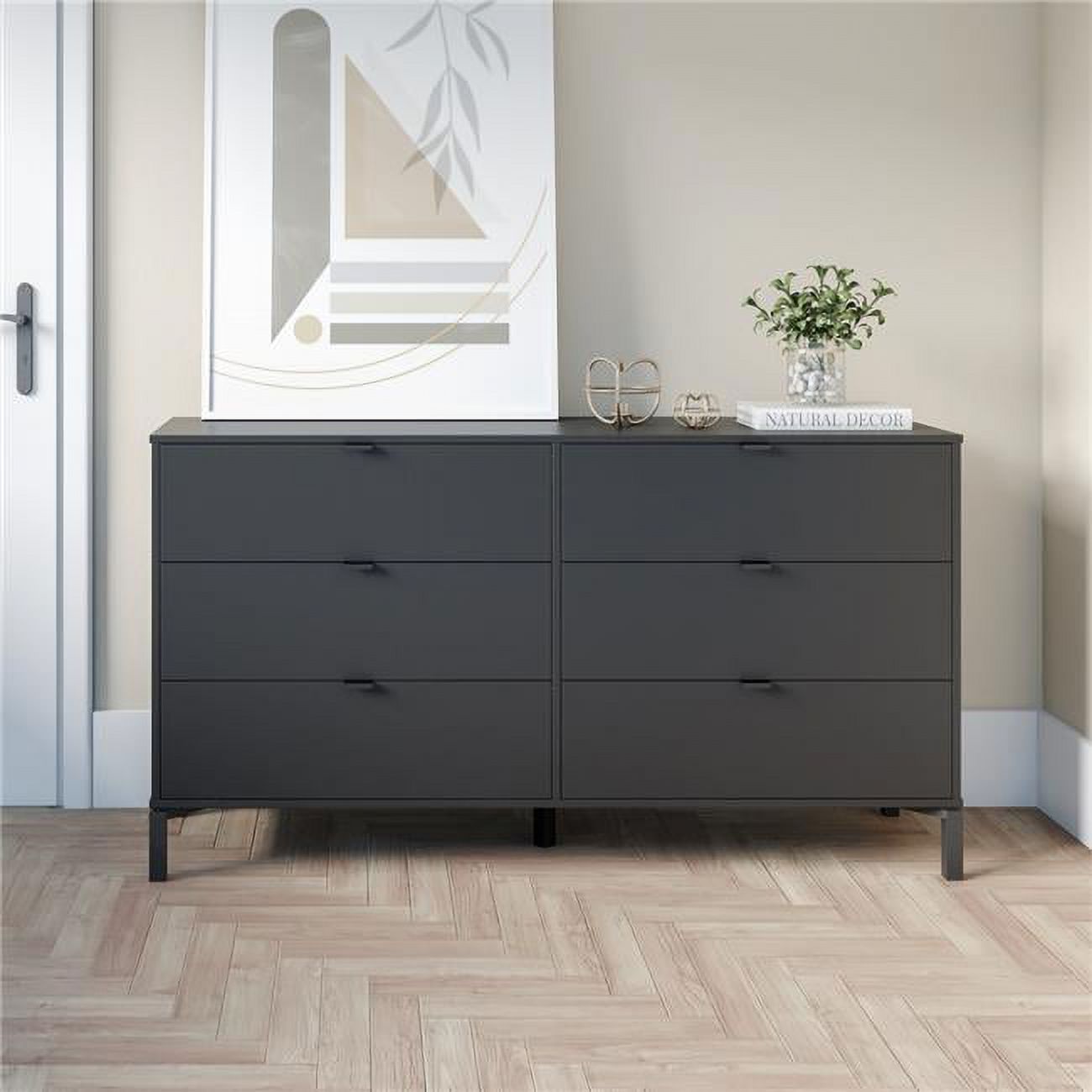 HomeRoots 490830 32 x 59 x 16 in. Black Charcoal Six Drawers Double Dresser