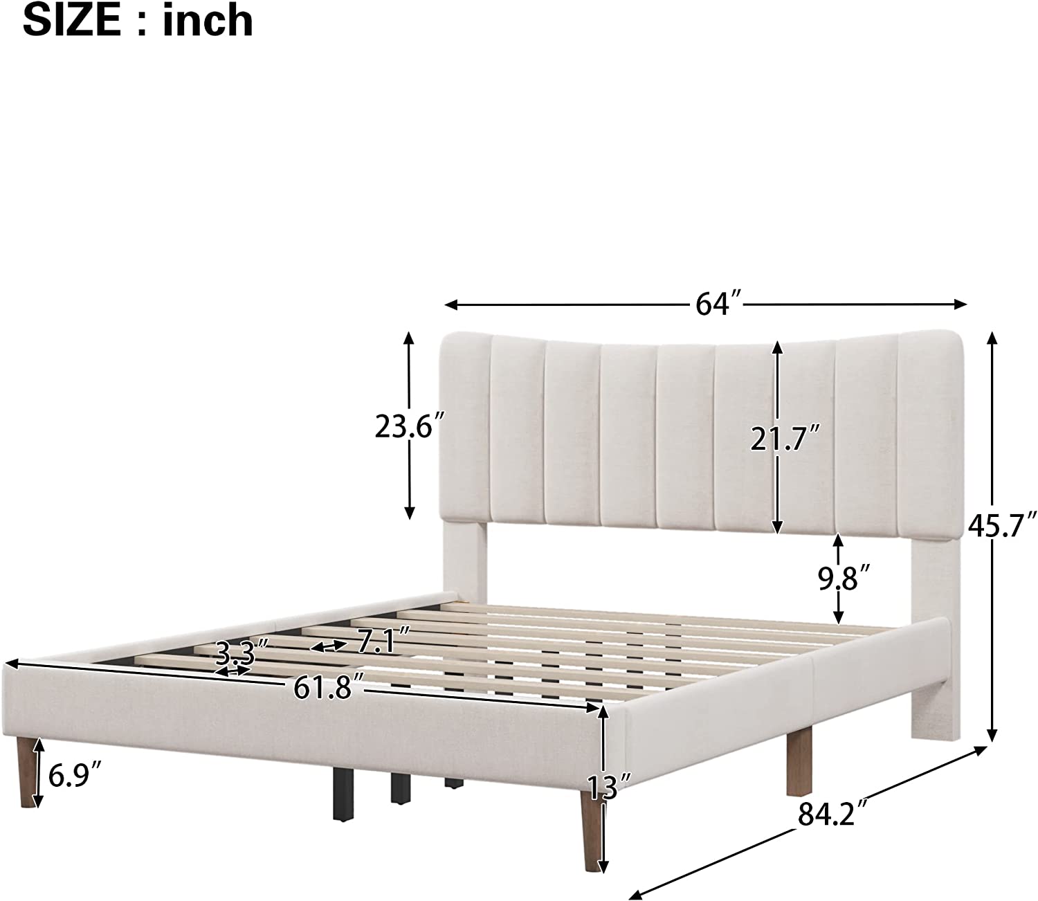Upholstered Platform Bed Frame with Vertical Channel Tufted Headboard, No Box Spring Needed, Queen