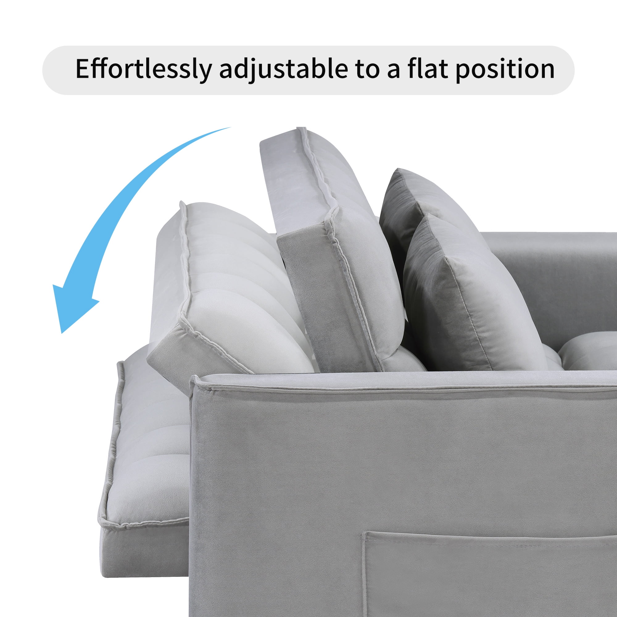 Duhome Sleeper Sofa Bed 3 in 1 Tufted Convertible Couch Bed Pull Out Velvet Loveseat with Reclining Adjustable OSS Pillows and Pockets,Grey