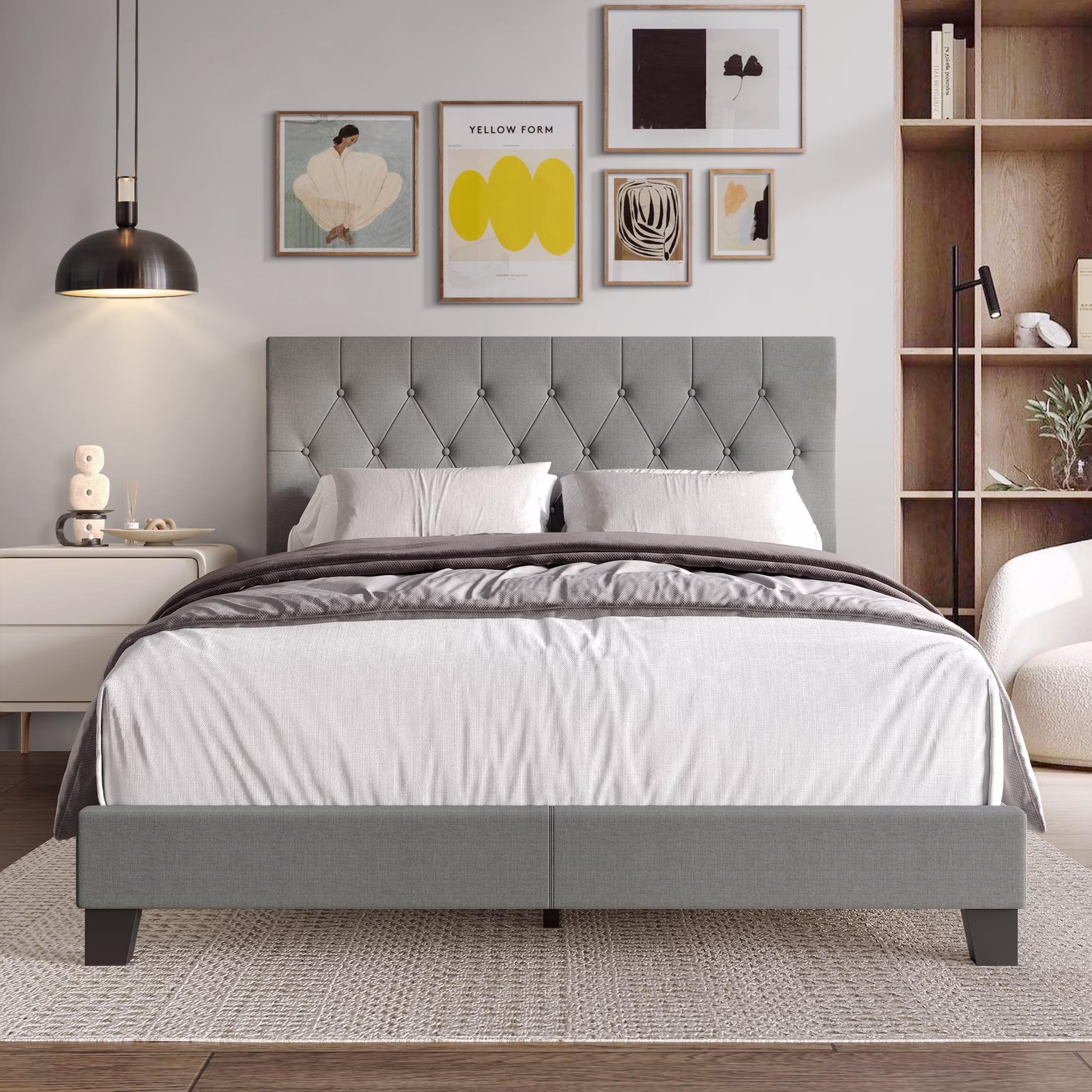 Castle Place Classic Button Tufted Linen Upholstered Bed, Light Grey, Queen