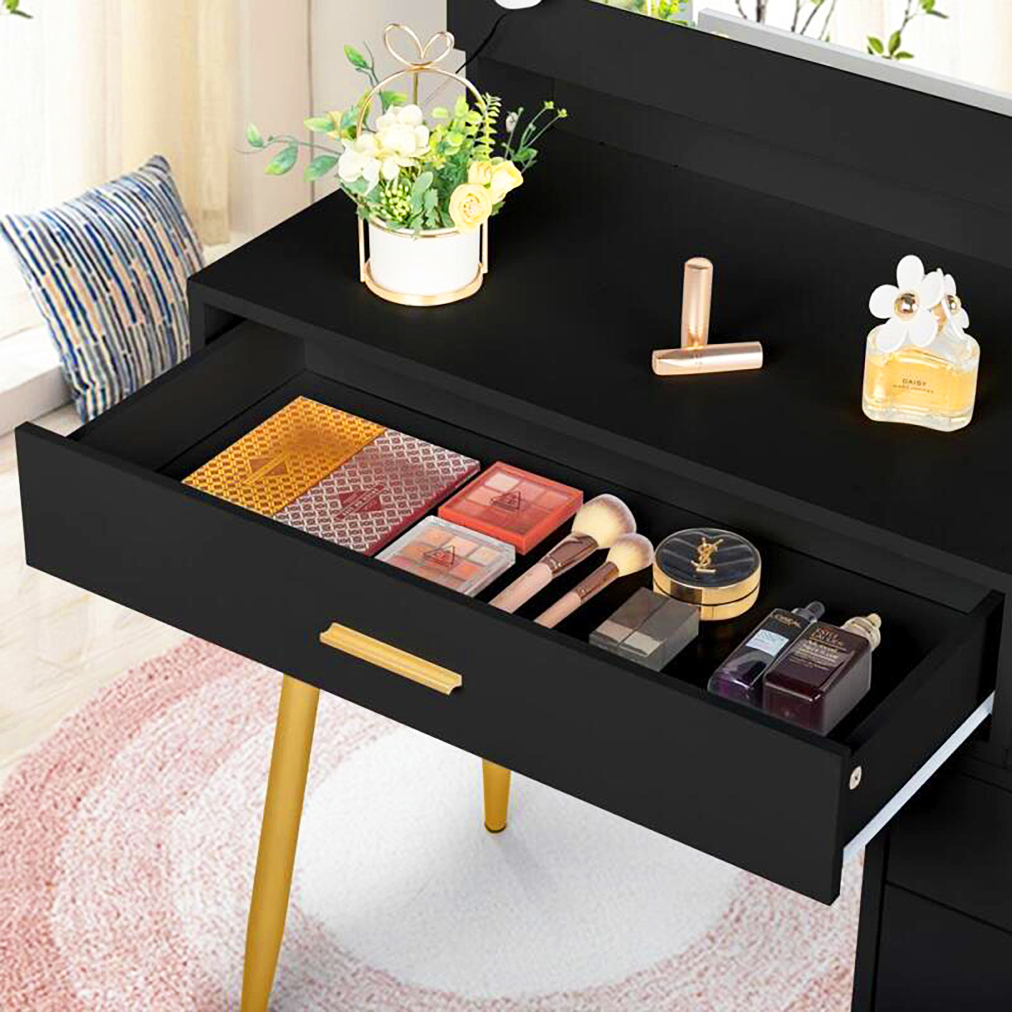Glavbiku Modern Lighted Makeup Vanity Table Set with Sliding Mirror for Bedroom,2 Drawers Dresser,Black