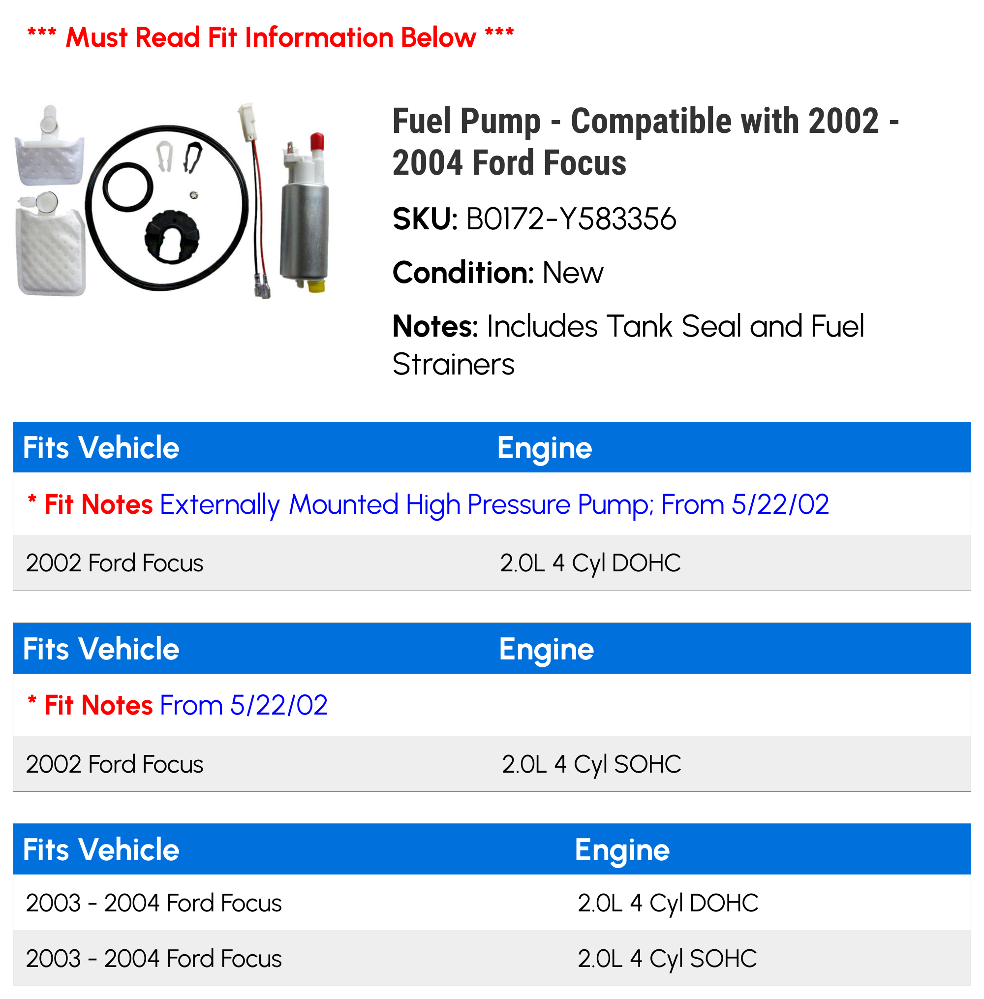 Fuel Pump - Compatible with 2002 - 2004 Ford Focus 2003