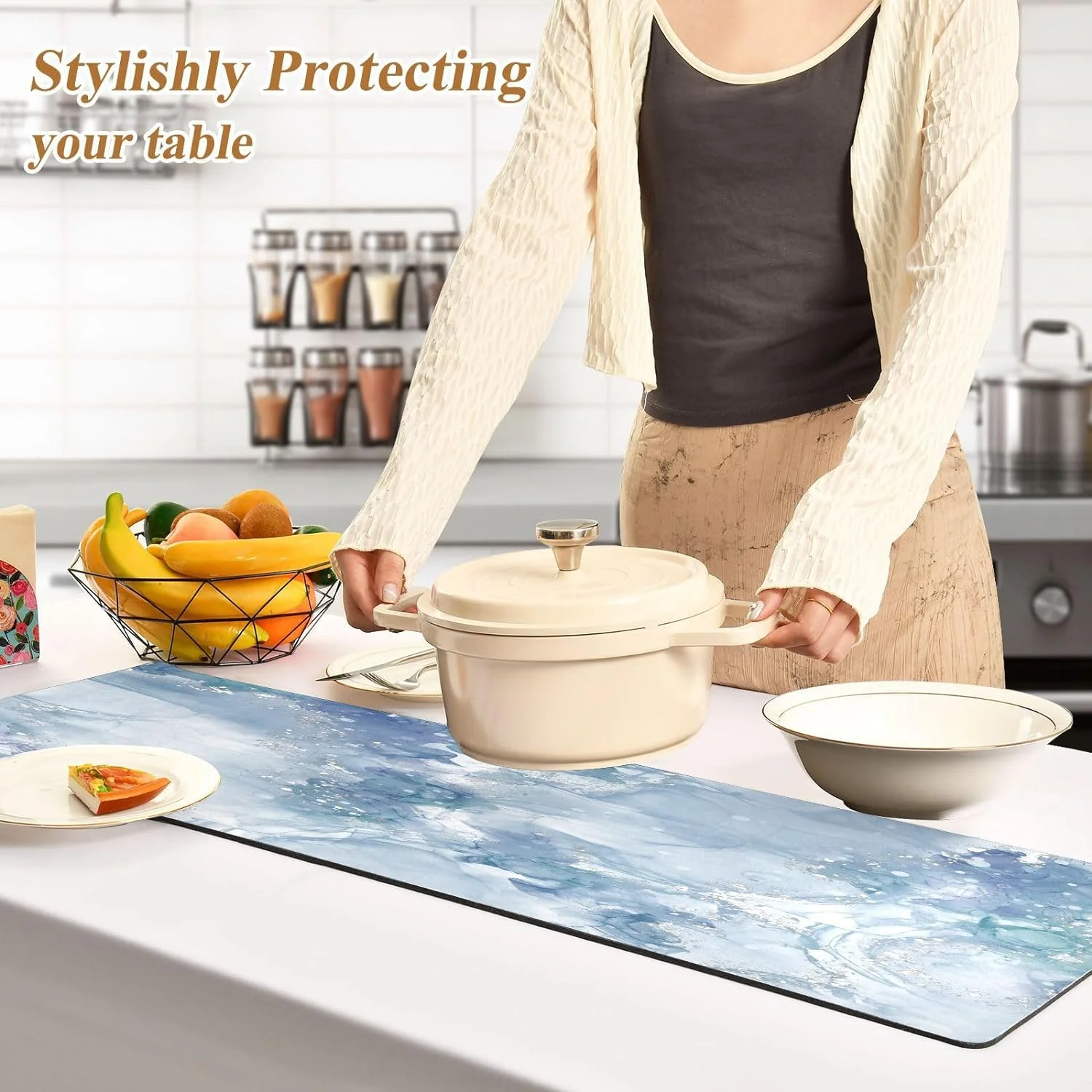 Hyjoy Marble Dream Blue Long Trivet Table Runner Non-Slip Heat Resistant Table Protector Waterproof Easy to Clean Elegant Fluid Hot Pads Pot Holders Table Mats