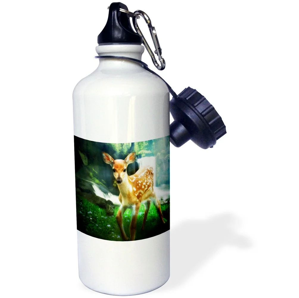 Spotted Fawn sweet young deer near a waterfall in nature. 21 oz Sports Water Bottle wb-172998-1
