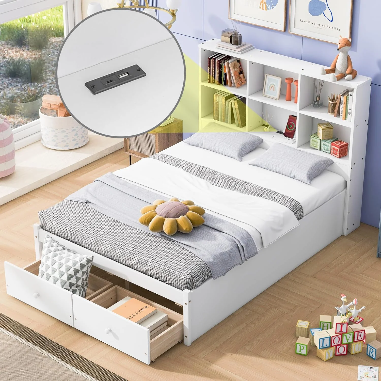 Full Size Platform Bed with Storage Headboard Charging Station and 2 Drawers, Storage Platform Bed