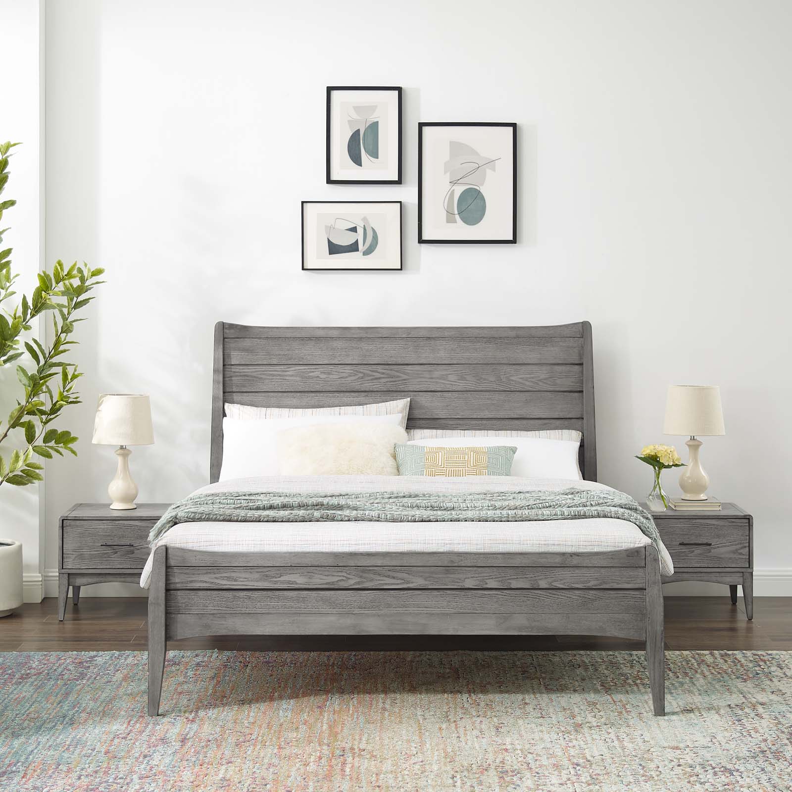 Platform Bed Nightstand Set, King Size, Wood, Grey Gray, Modern Contemporary Urban Design, Bedroom Master Guest Suite