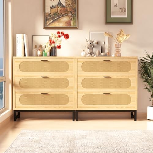 LNboomLife 3 Drawer Dresser  Modern Rattan Dresser Chest with 6 Drawers Accent  Cabinet Modern Bedside Table Golden Handles for Living Room  Bedroom  Entryway (Nature - 2 Pcs)