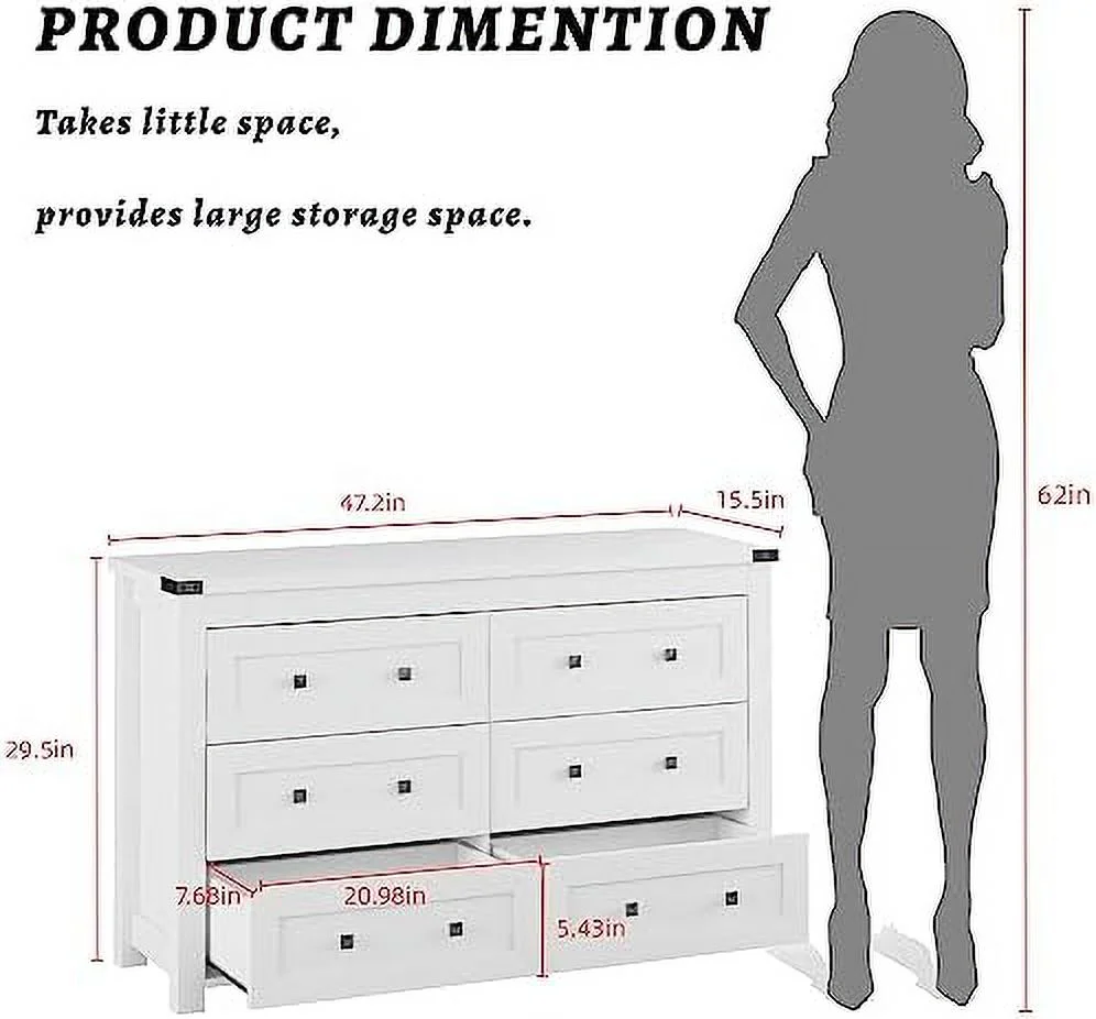 RUNFAYBIU 6 Drawer Double Dresser.Wood Dressers & chests of Drawers for  and Organization for Bedroom Closet Living Room Hallway.47.2" D x 15.5" W x 29.5" H.White.