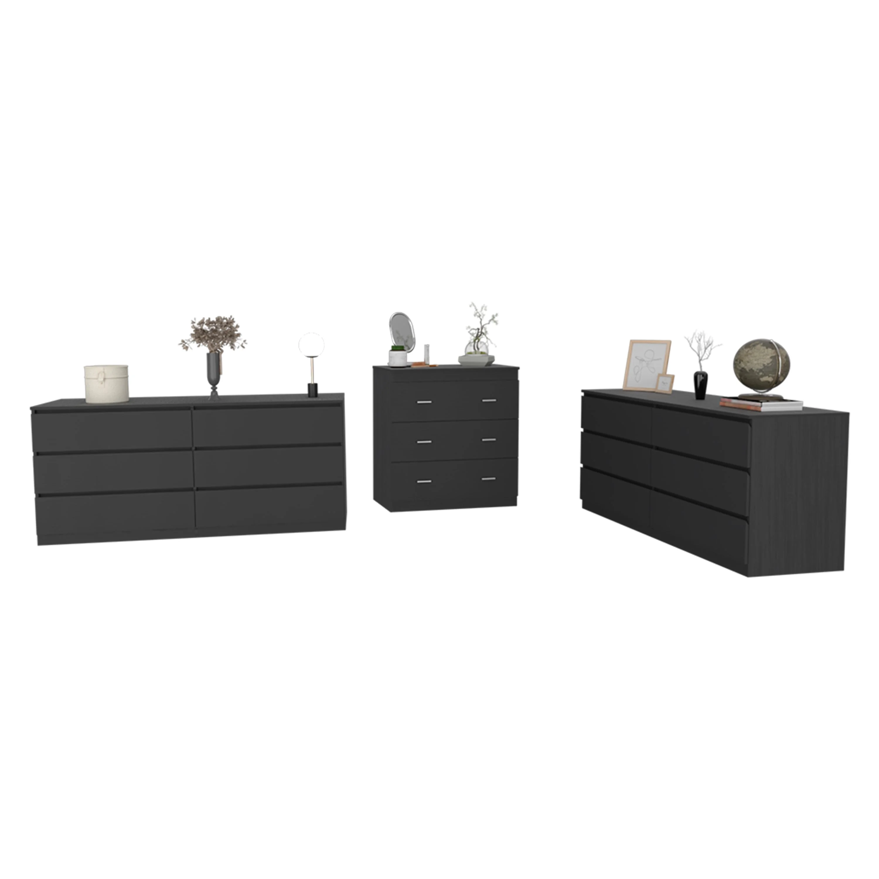 CoSoTower 3 Piece Bedroom Set, 2 Cocora 6 Drawer Double Dressers + Capri Three Drawer Dresser, Black