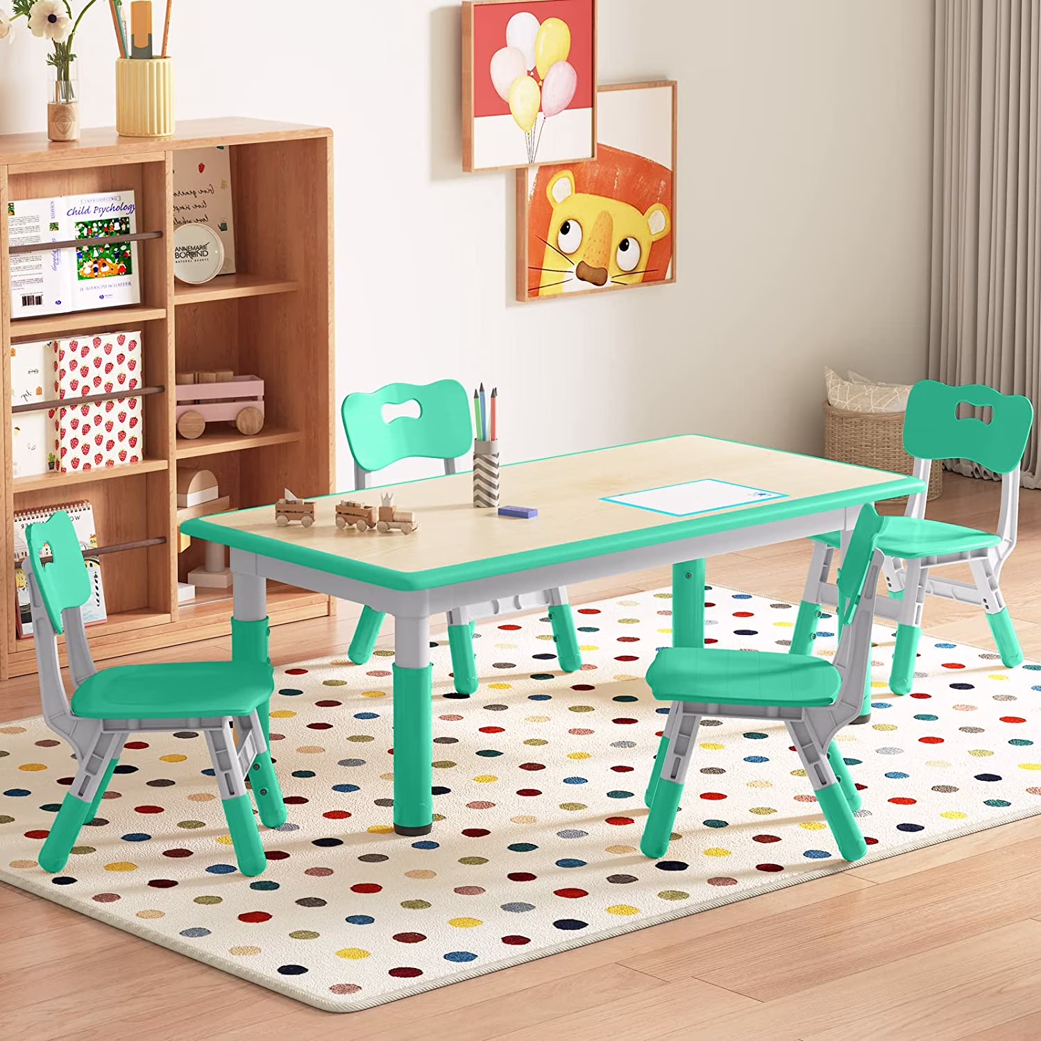 Kids Table with 4 Chairs Set, Linor Multi Levels Height Adjustable Toddler Table and Chairs Set for Daycare, Classroom, Home, Playroom, Easy to Clean Arts & Crafts Table for Ages 2-10 (Mint Green)