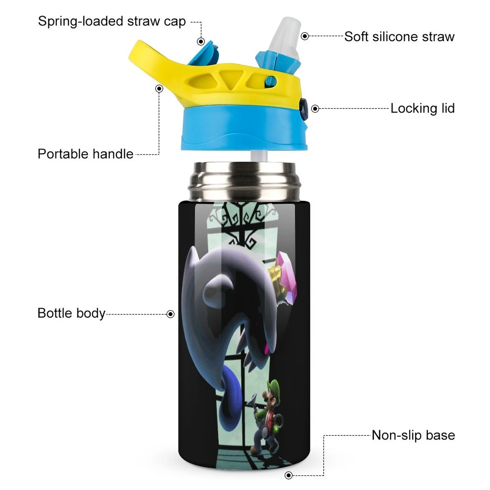 Cartoon Adventure Luigi's Mansion Kid's Insulated Water Bottle With Straw Vacuum Stainless Steel Cup Leak-Proof Children Toddler Thermoses