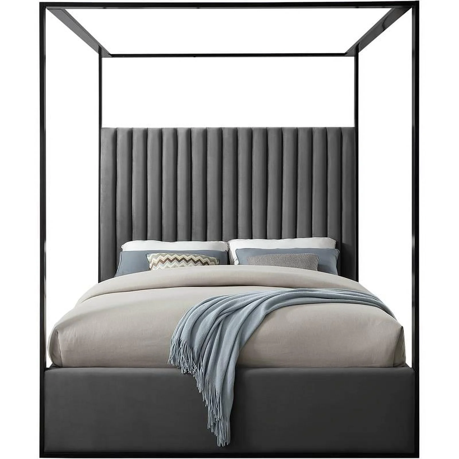 Meridian Furniture Jax Solid Wood and Velvet Queen Bed in Gray