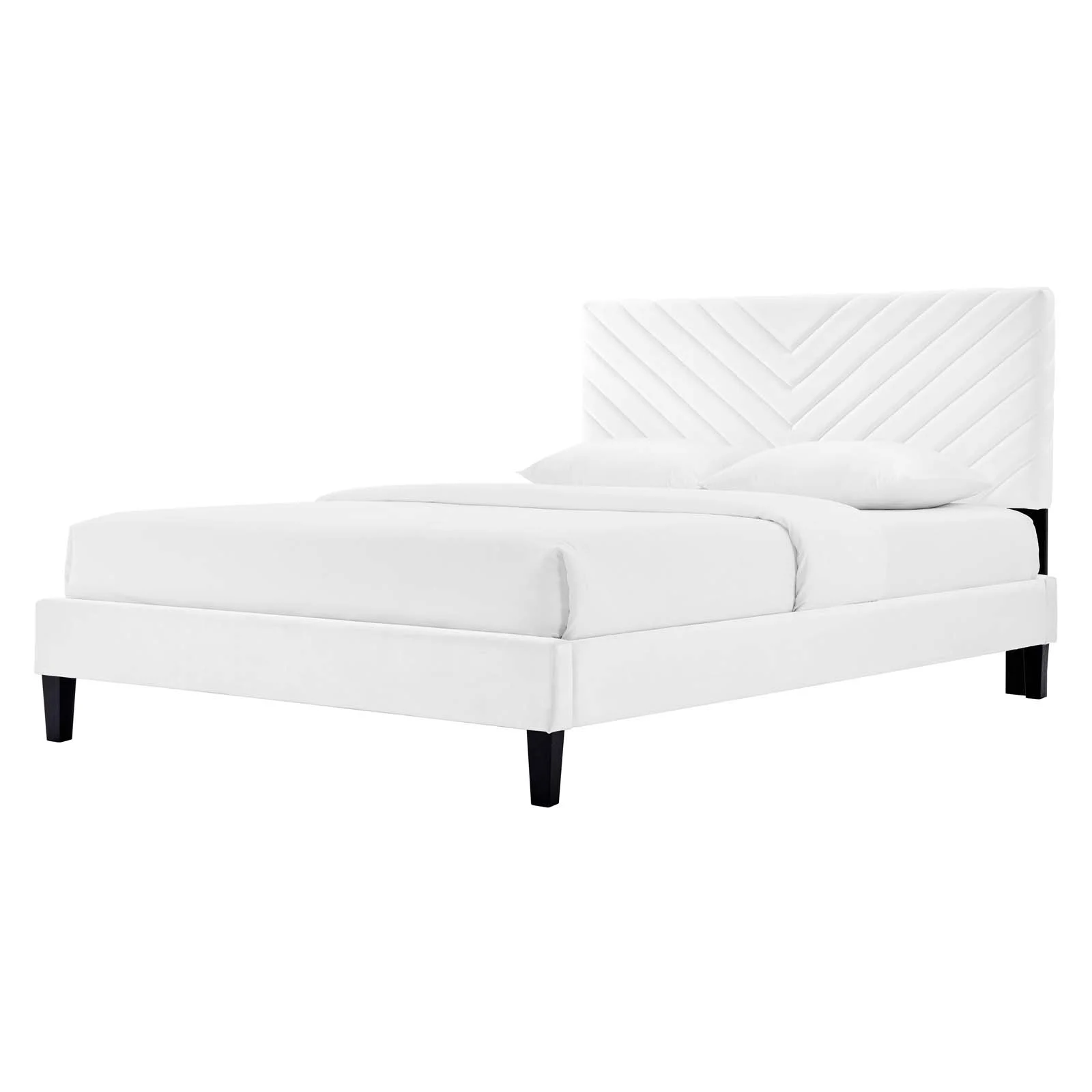 Platform Bed Frame, Queen Size, White, Velvet, Modern Contemporary, Bedroom Master Guest Suite Room