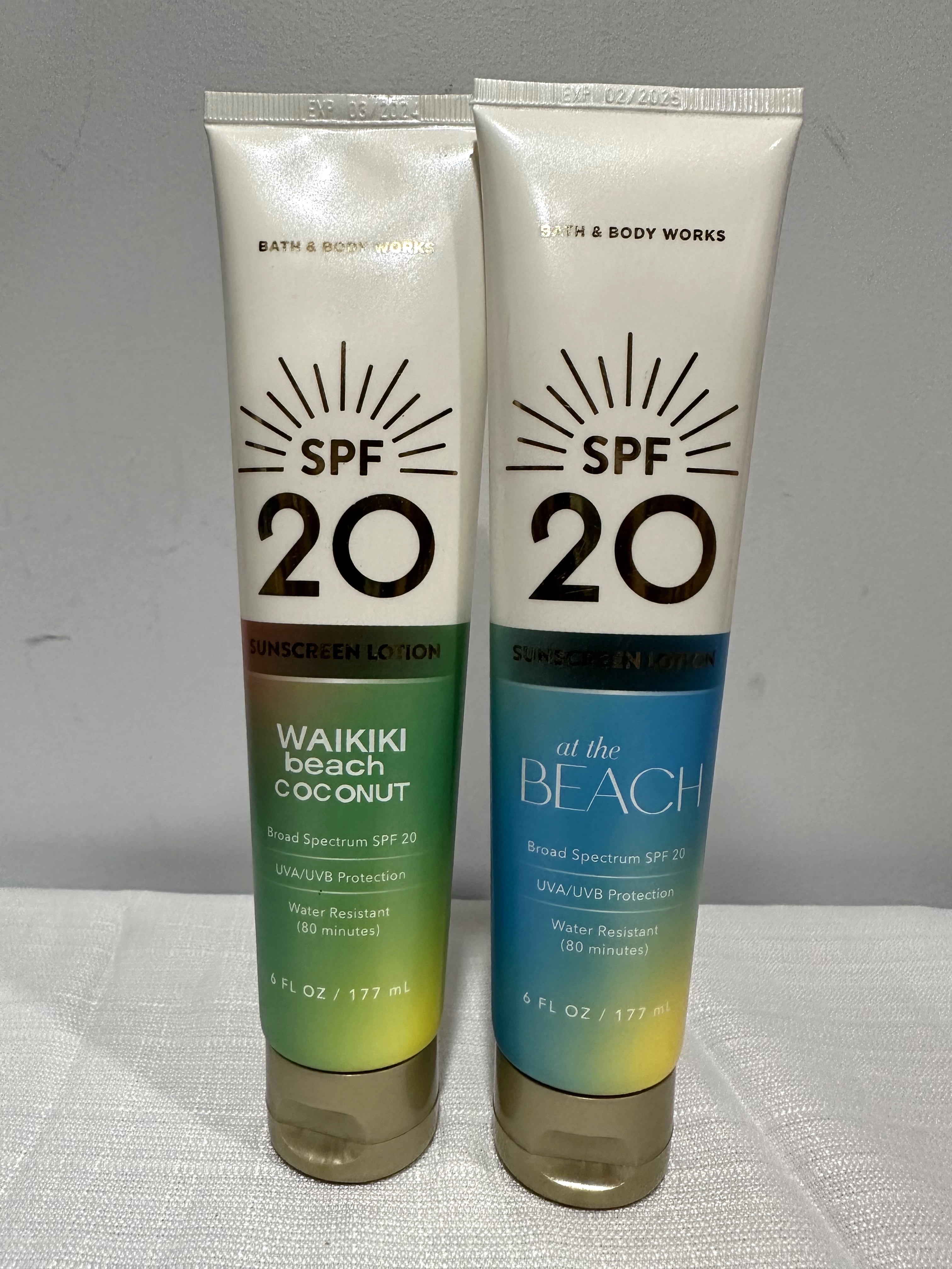 Bath & Body Works Waikiki Beach Coconut and At The Beach Broad Spectrum SPF 20 Water Resistant Sunscreen Lotions Lot of 2