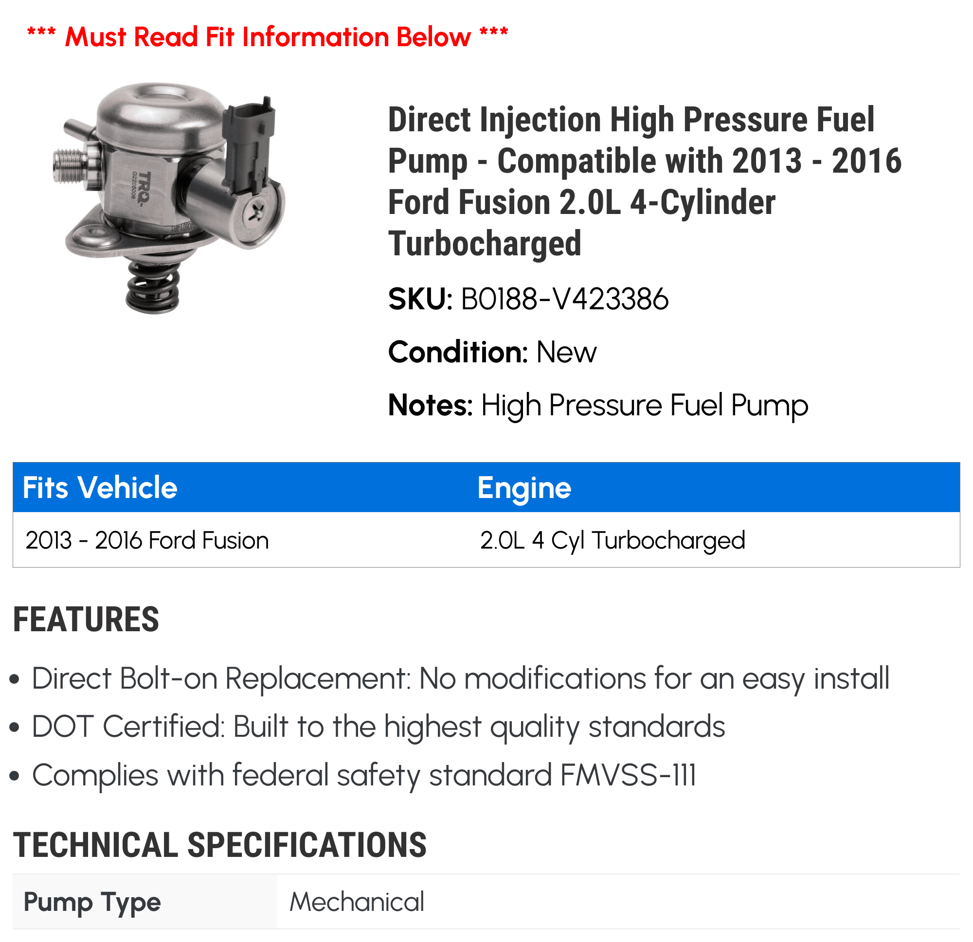 Direct Injection High Pressure Fuel Pump - Compatible with 2013 - 2016 Ford Fusion 2.0L 4-Cylinder Turbocharged 2014 2015