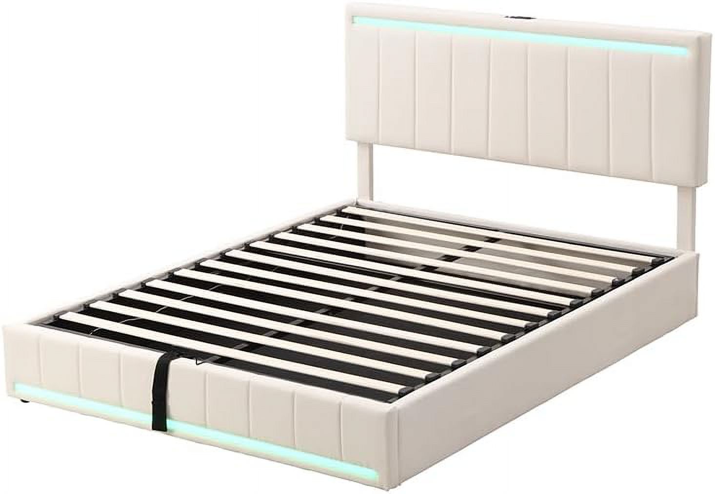 Queen Size Upholstered Platform Bed with Hydraulic Storage System, LED Light, and a Set of USB Ports and Sockets, Linen Fabric