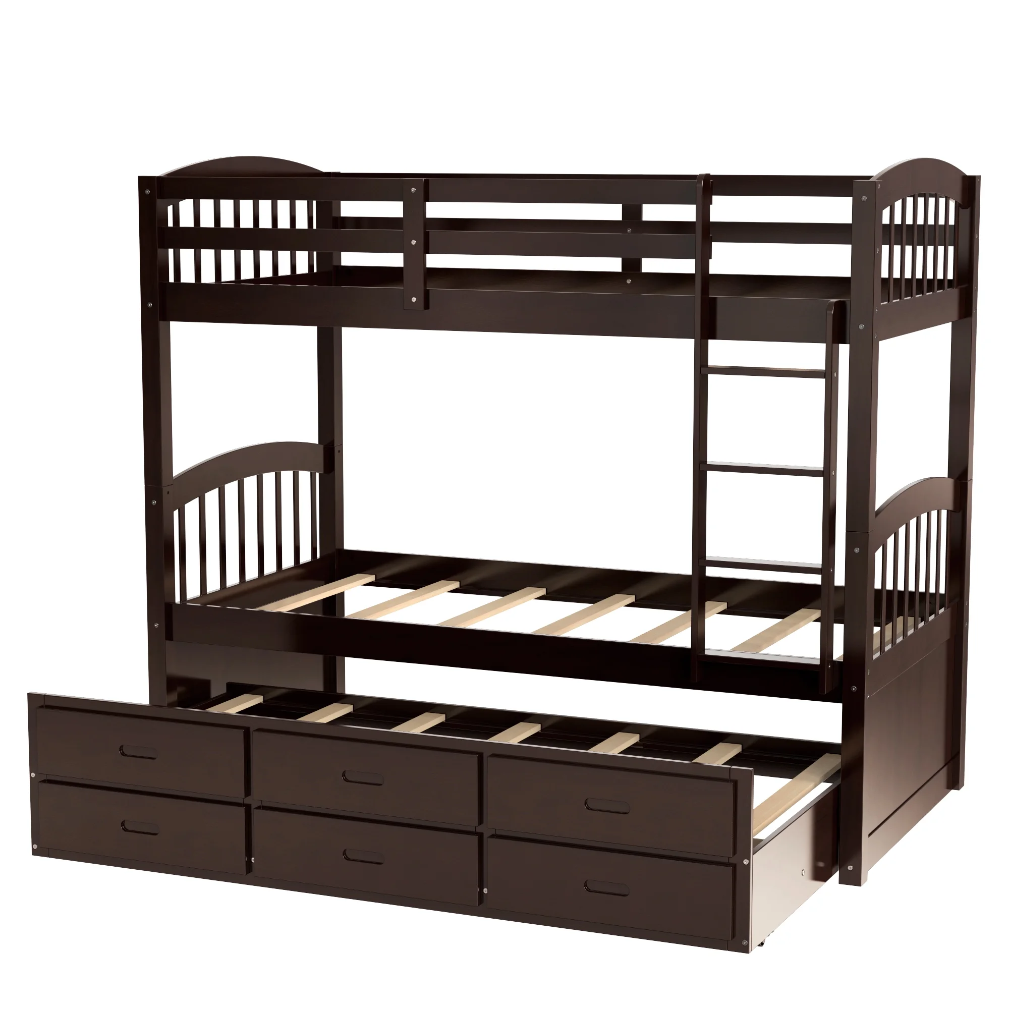 CoSoTower Twin Over Twin Wood Bunk Bed With Trundle And Drawers, Espresso