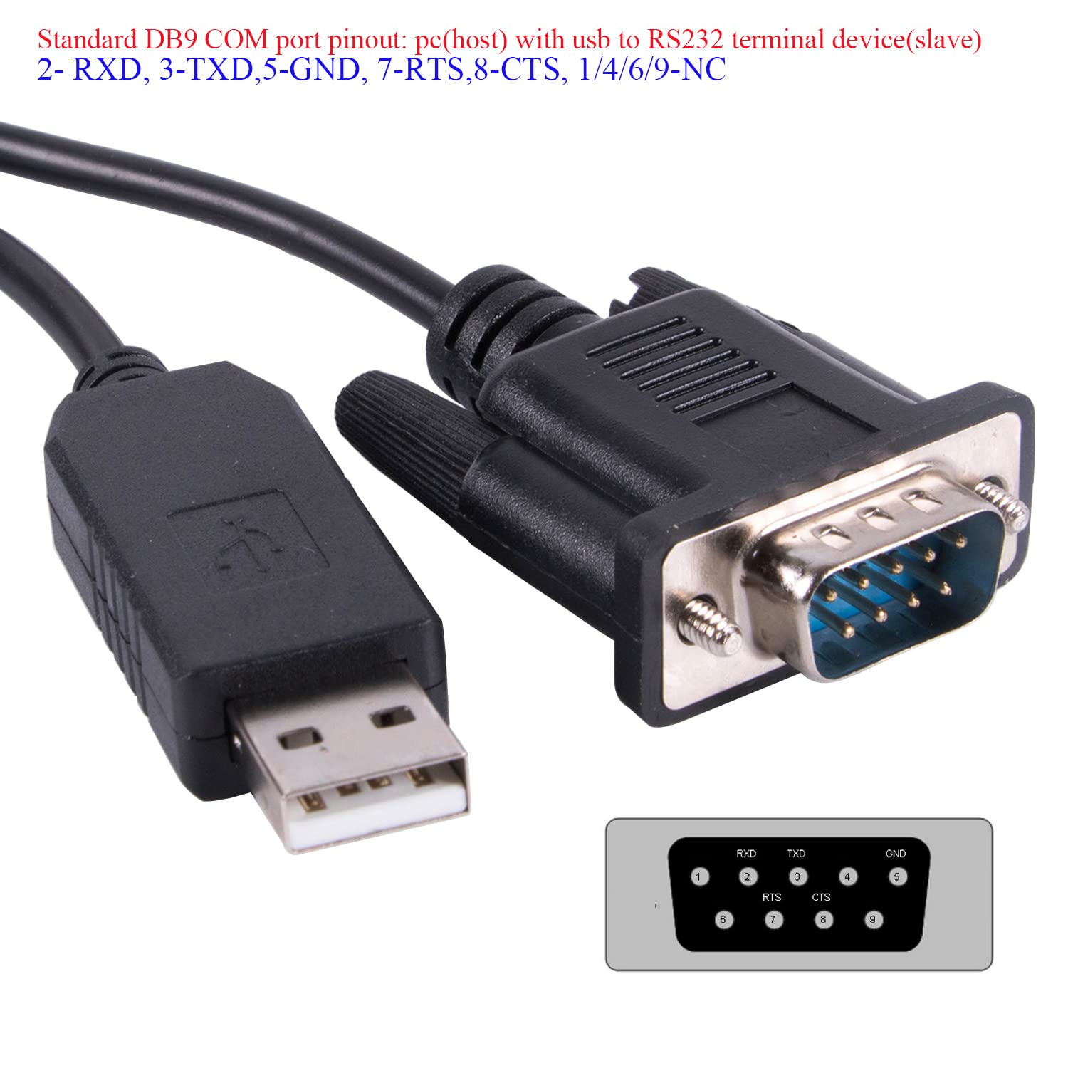 USB to DB9 D-Sub Male Com Port FTDI RS232 Serial Converter Adapter Communication Upgrade Cable (Standard DB9 Pinout: