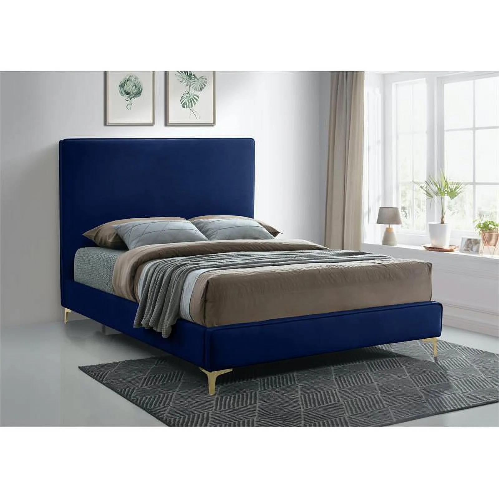 Meridian Furniture Geri Navy Velvet Full Bed with Gold and Chrome Legs Included
