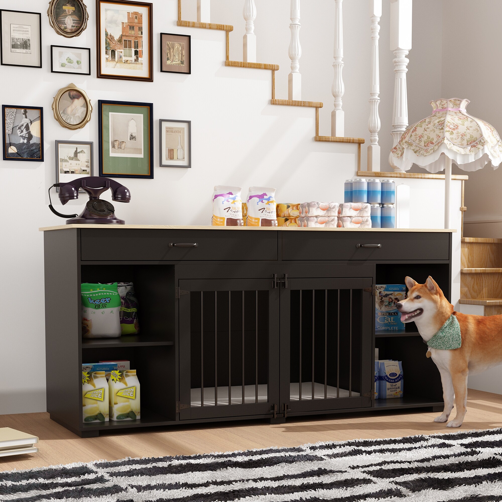 Multi-Functional Luxury Pet Crate Furniture Design with Ample Storage Black