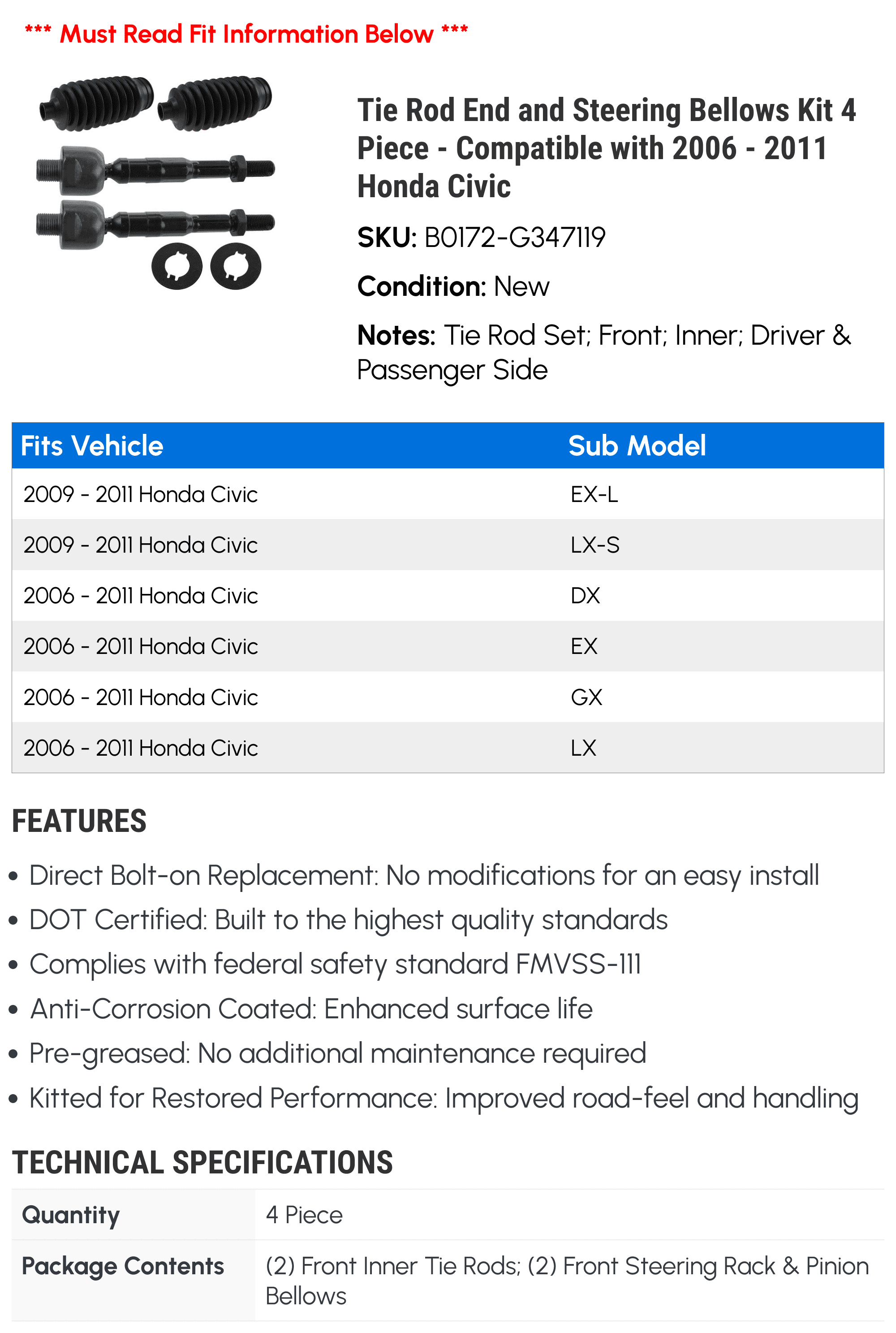 Tie Rod End and Steering Bellows Kit 4 Piece - Compatible with 2006 - 2011 Honda Civic 2007 2008 2009 2010