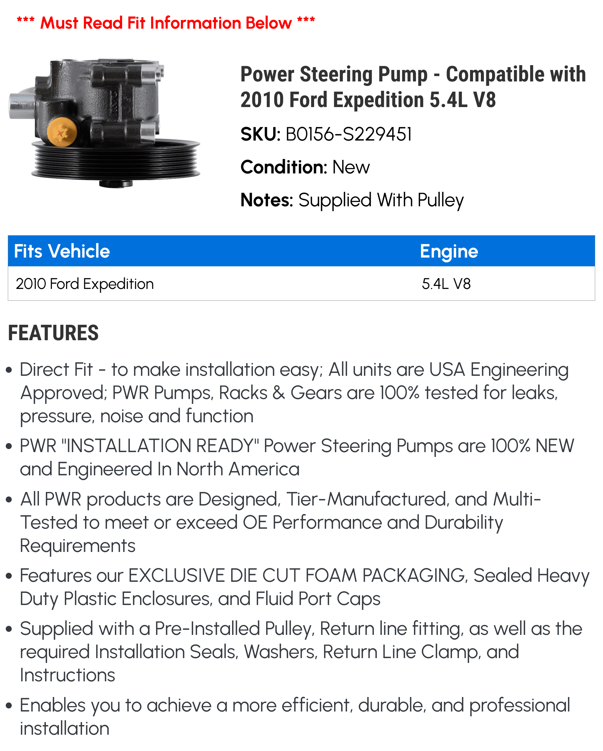 Power Steering Pump - Compatible with 2010 Ford Expedition 5.4L V8