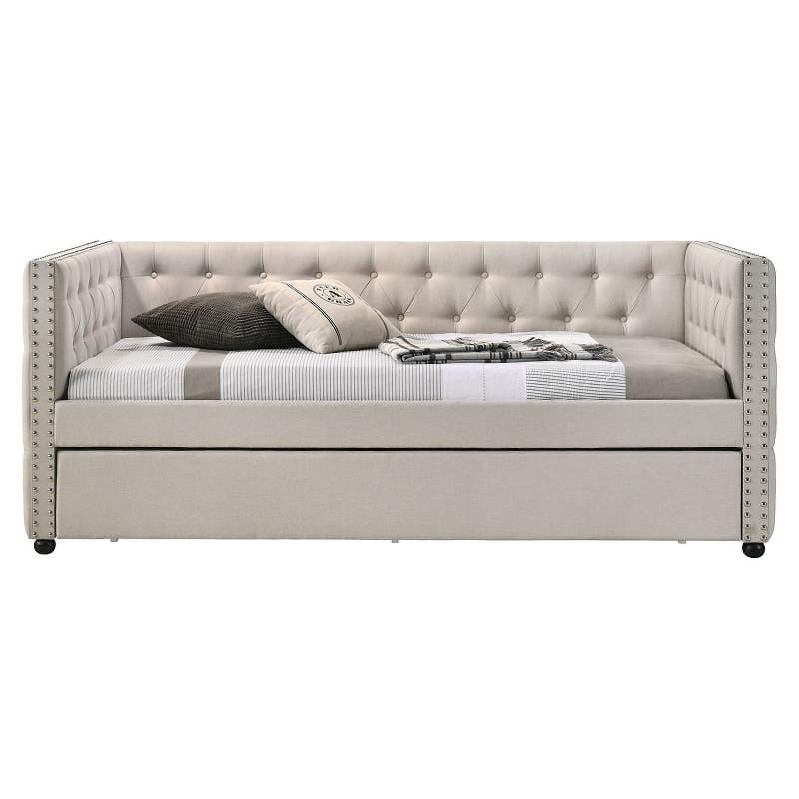 Bowery Hill Button Tufted Fabric Upholstered Twin Daybed and Trundle in Beige
